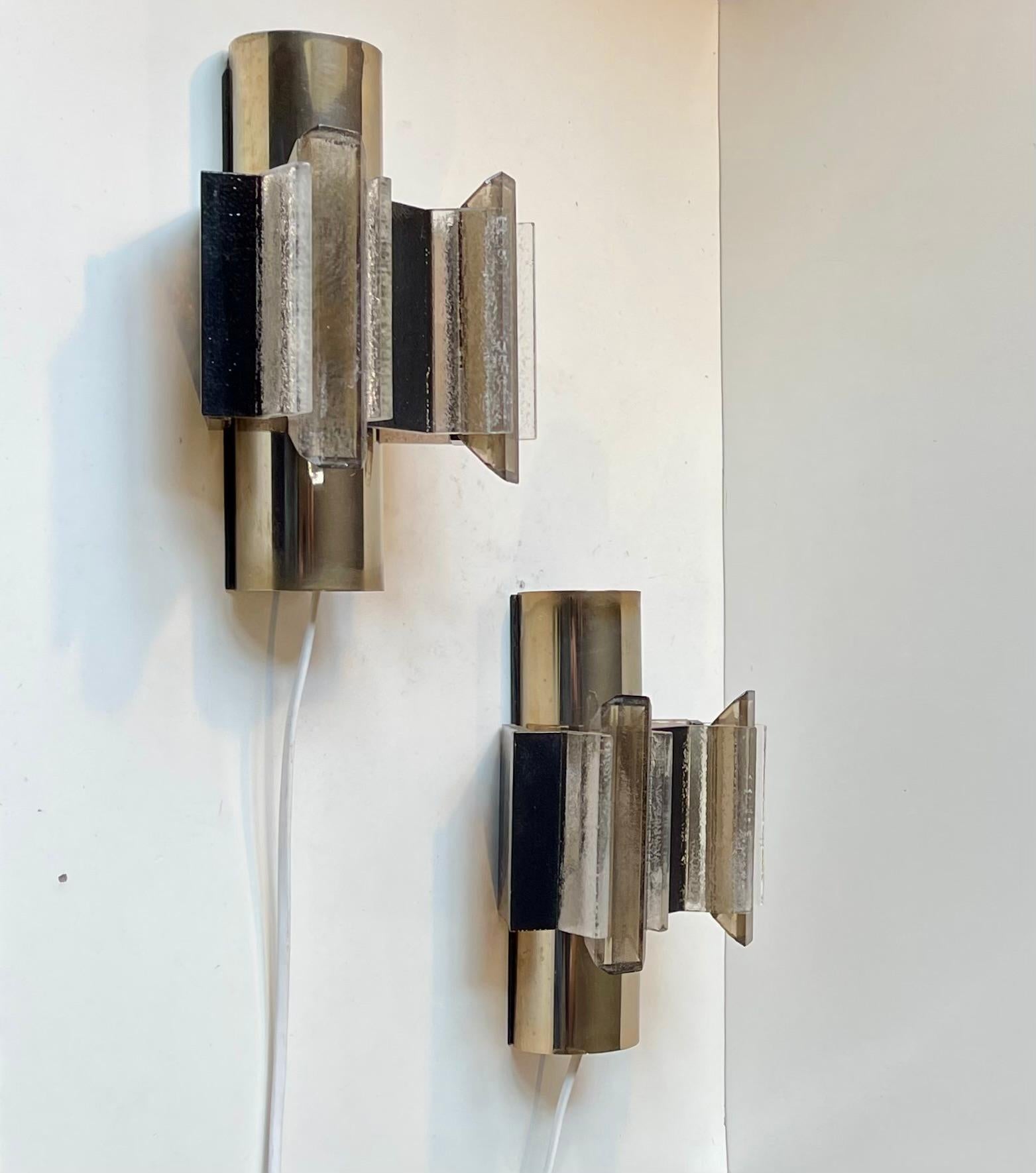Danish Claus Bolby Space Age Brass & Acrylic Wall Sconces, 1970s For Sale