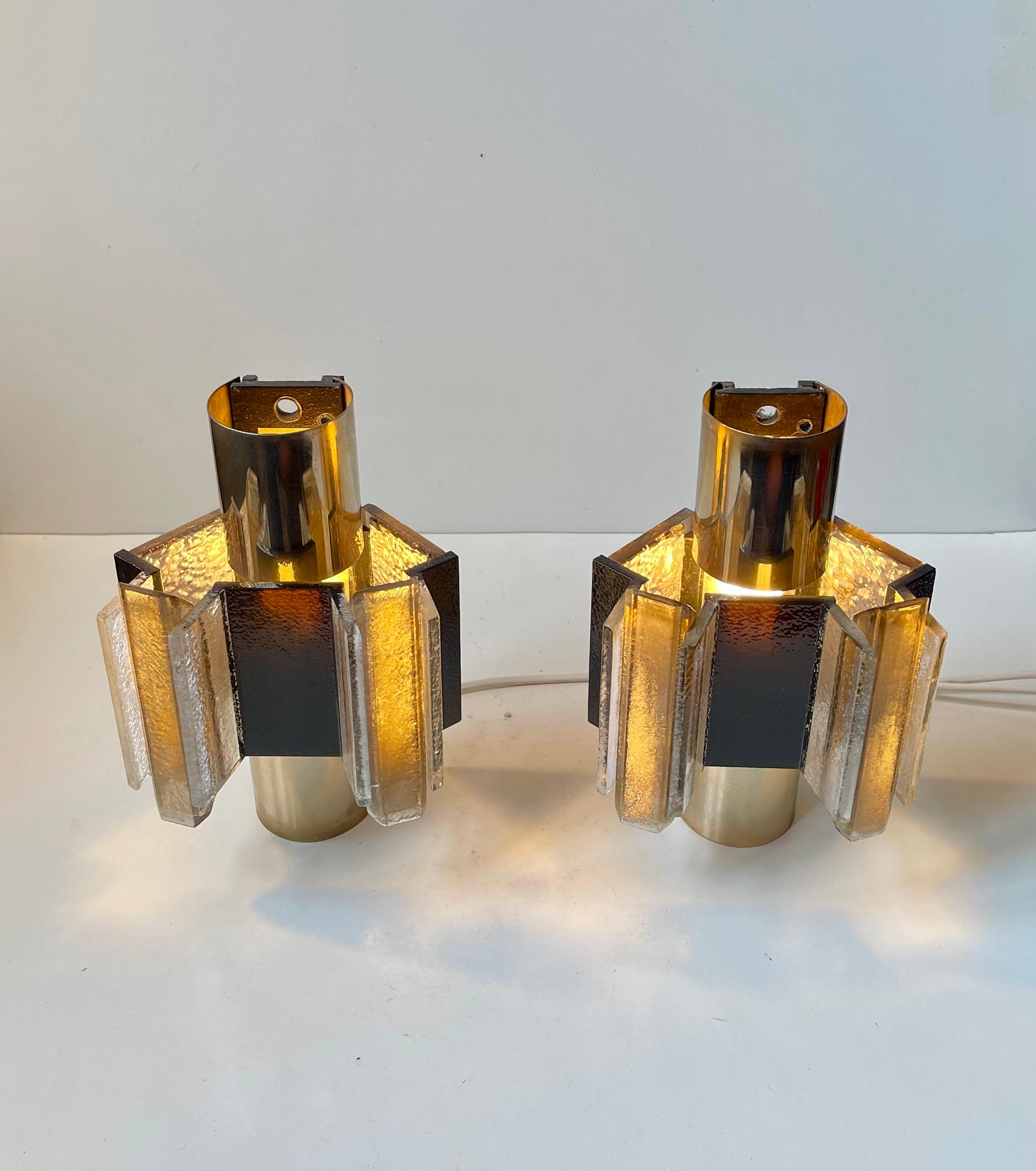 Hand-Crafted Claus Bolby Space Age Brass & Acrylic Wall Sconces, 1970s For Sale