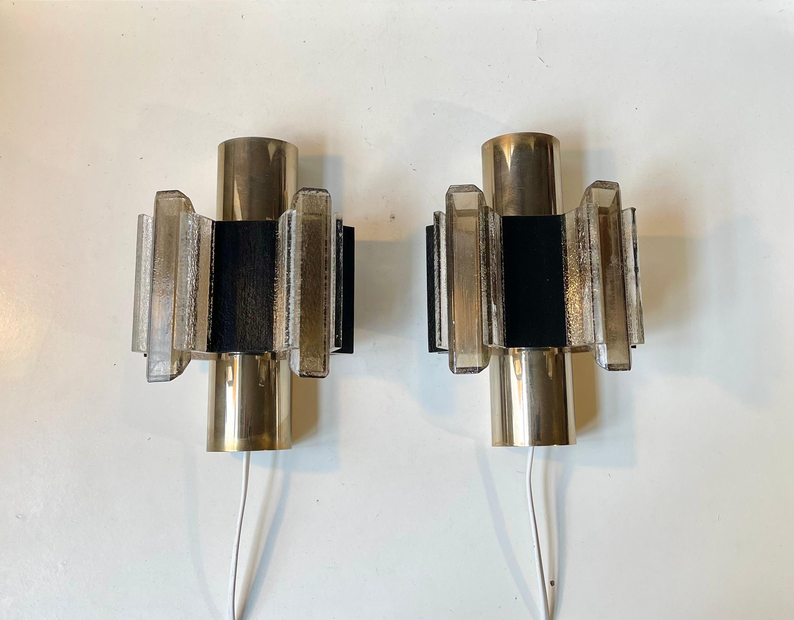 Claus Bolby Space Age Brass & Acrylic Wall Sconces, 1970s In Good Condition For Sale In Esbjerg, DK