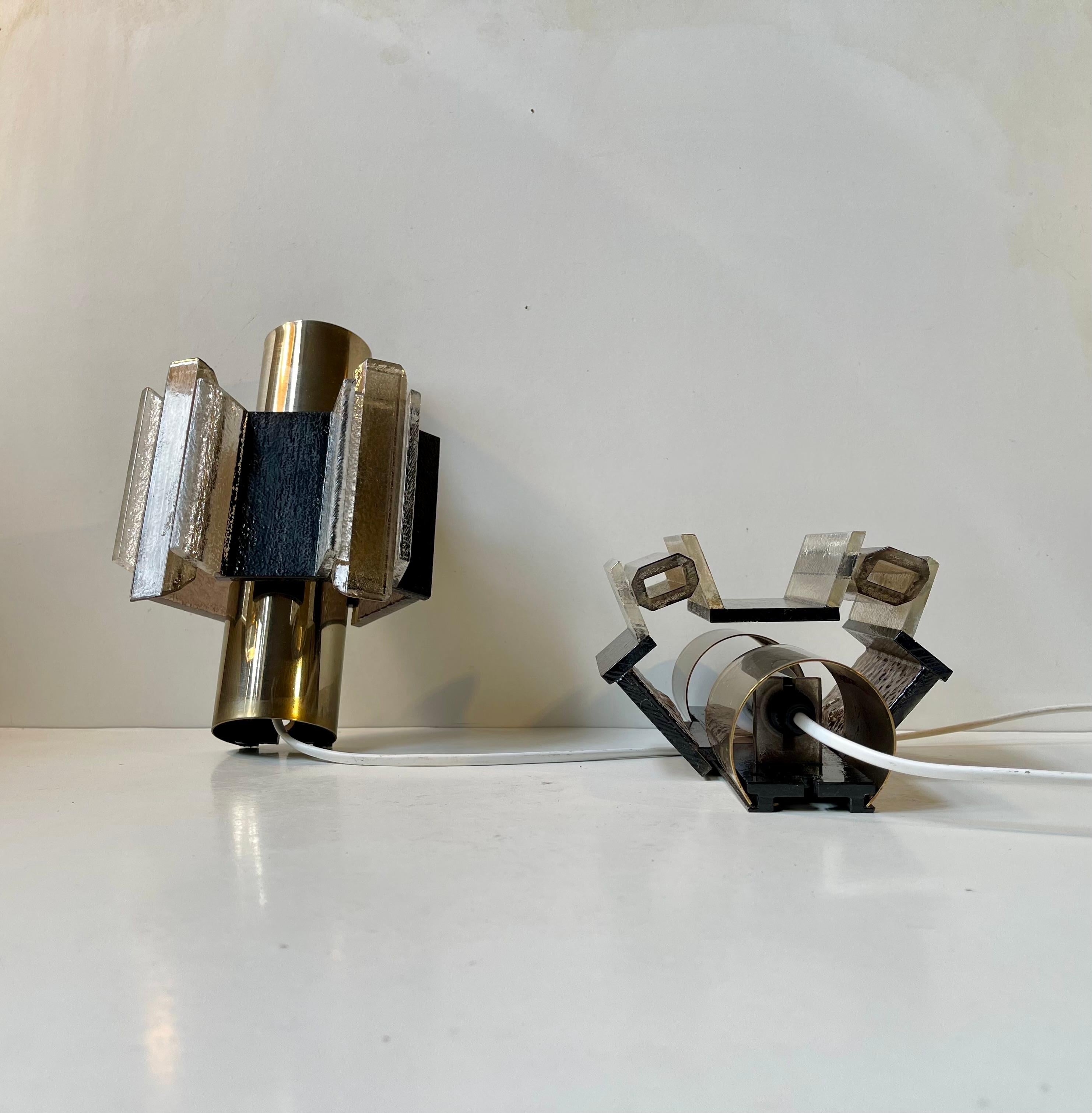 Mid-20th Century Claus Bolby Space Age Brass & Acrylic Wall Sconces, 1970s For Sale