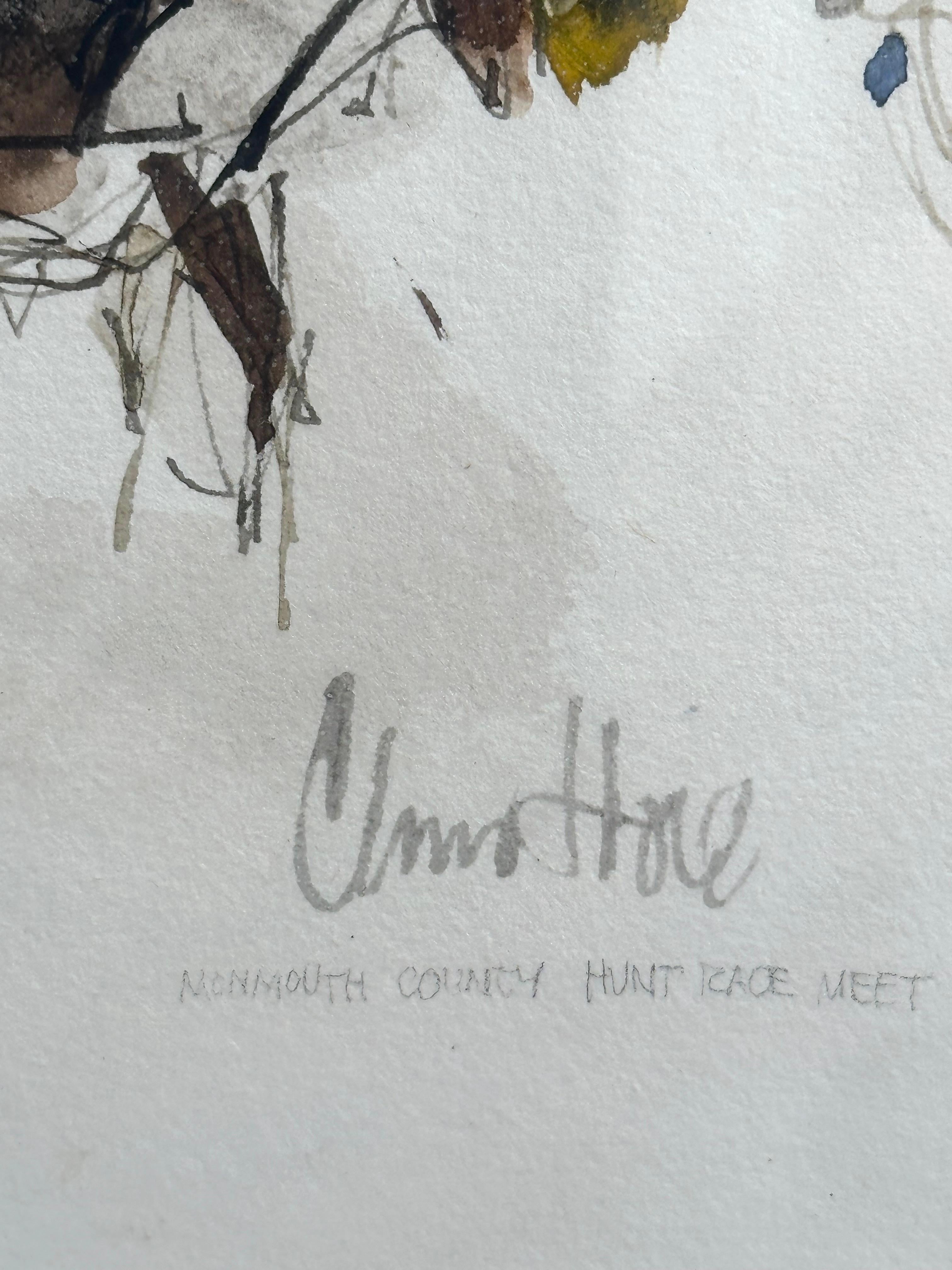 Claus Hoie (1911-2007). 

Monmouth Hunt Race Meet 2, 1967. 

Watercolor on paper. Measuring 15 x 19 inches; 24 x 28 inched framed. 

Signed and titled lower left. 

Original label on verso. 

Hoie was born in Stavanger, Norway, November 3, 1911. He