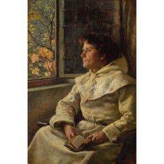Claus Meyer, Contemplating by An Open Window, peinture à l'huile représentant un moine
