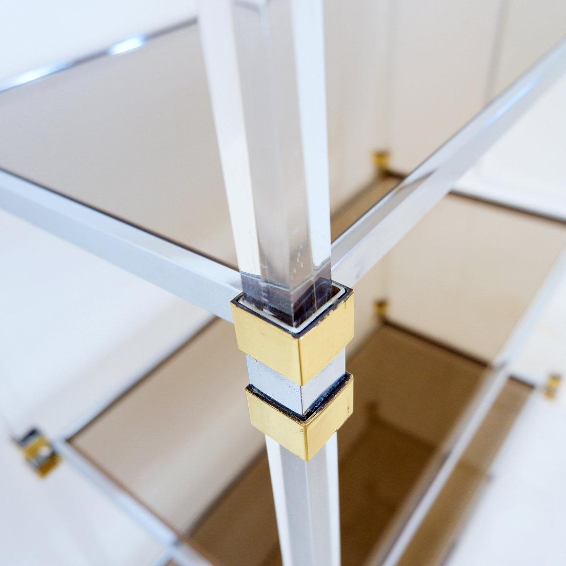 20th Century Claustra shelf in plexiglass, smoked glass and brass, Charles Hollis Jones style For Sale