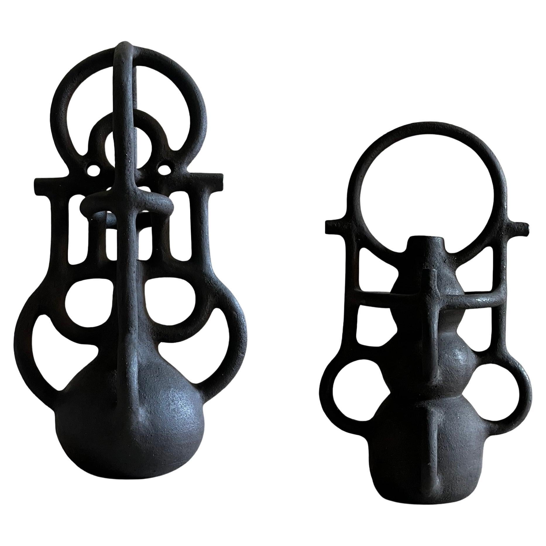 Clave and Sat II Sculptures by Aniana Heras in Black Stoneware, Modern Design