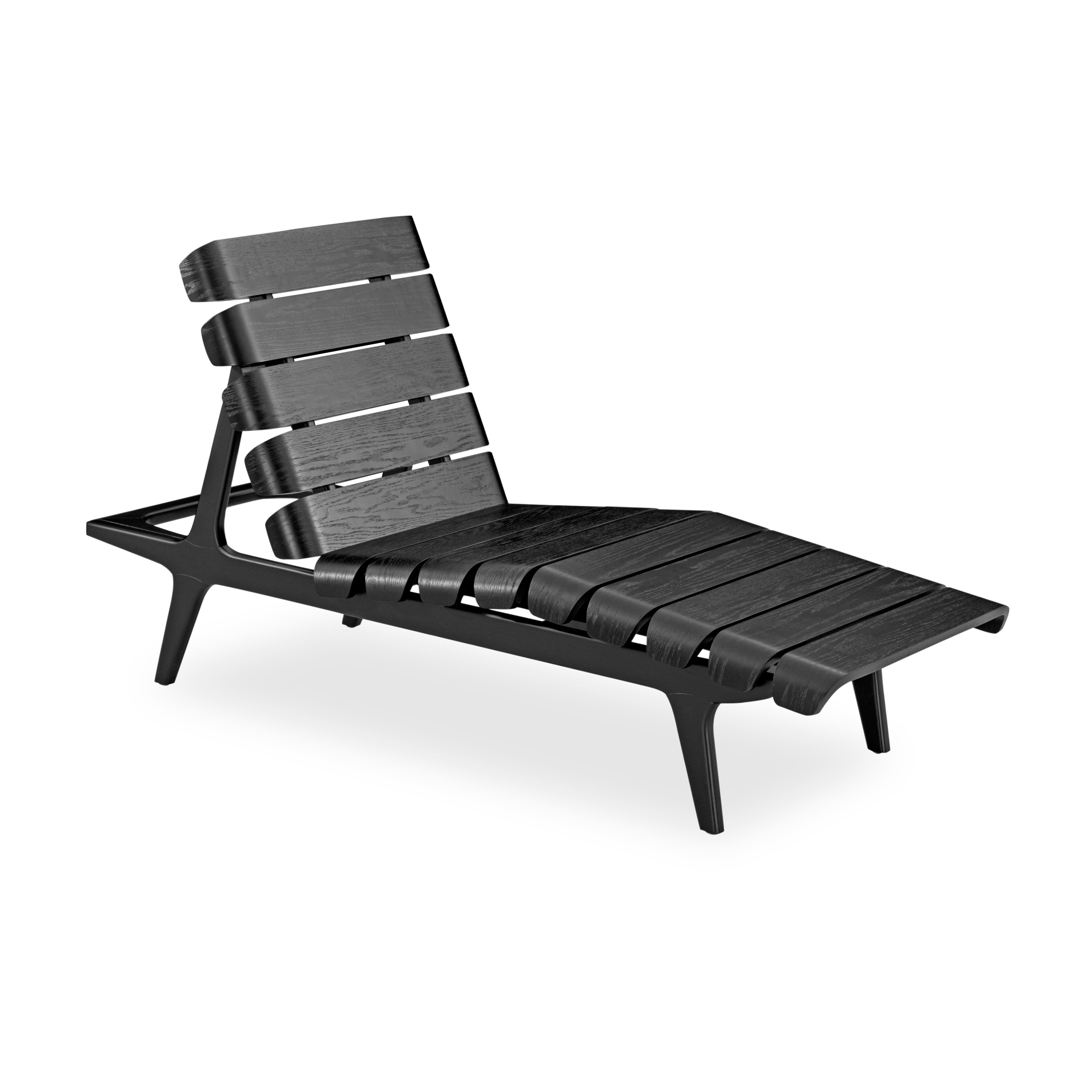 Stained Black Oak Slatted Indoor Chaise with Sculpted Frame – Clave Collection For Sale