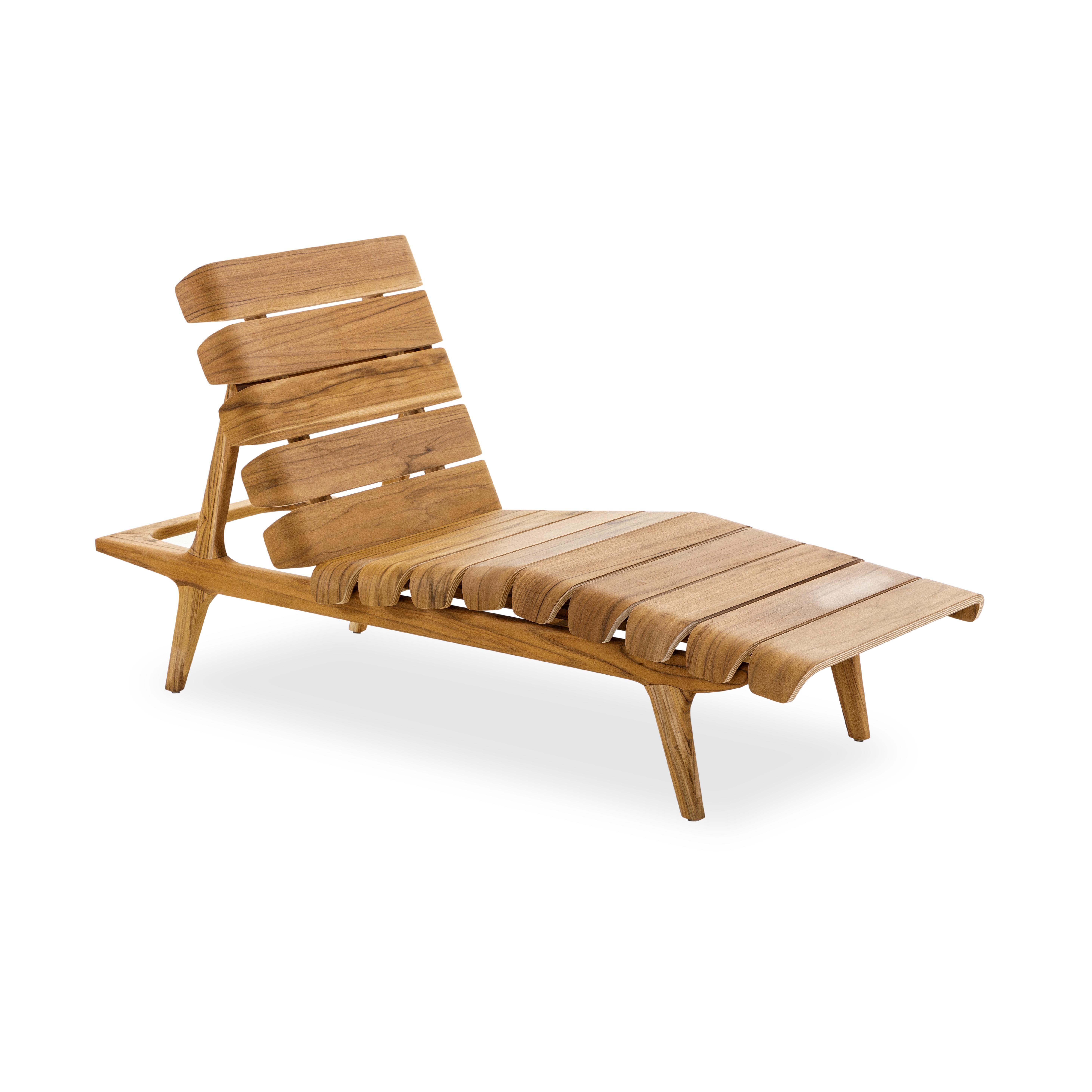 Brazilian Indoor Chaise Lounge in Teak Wood Finish - Clave Collection For Sale