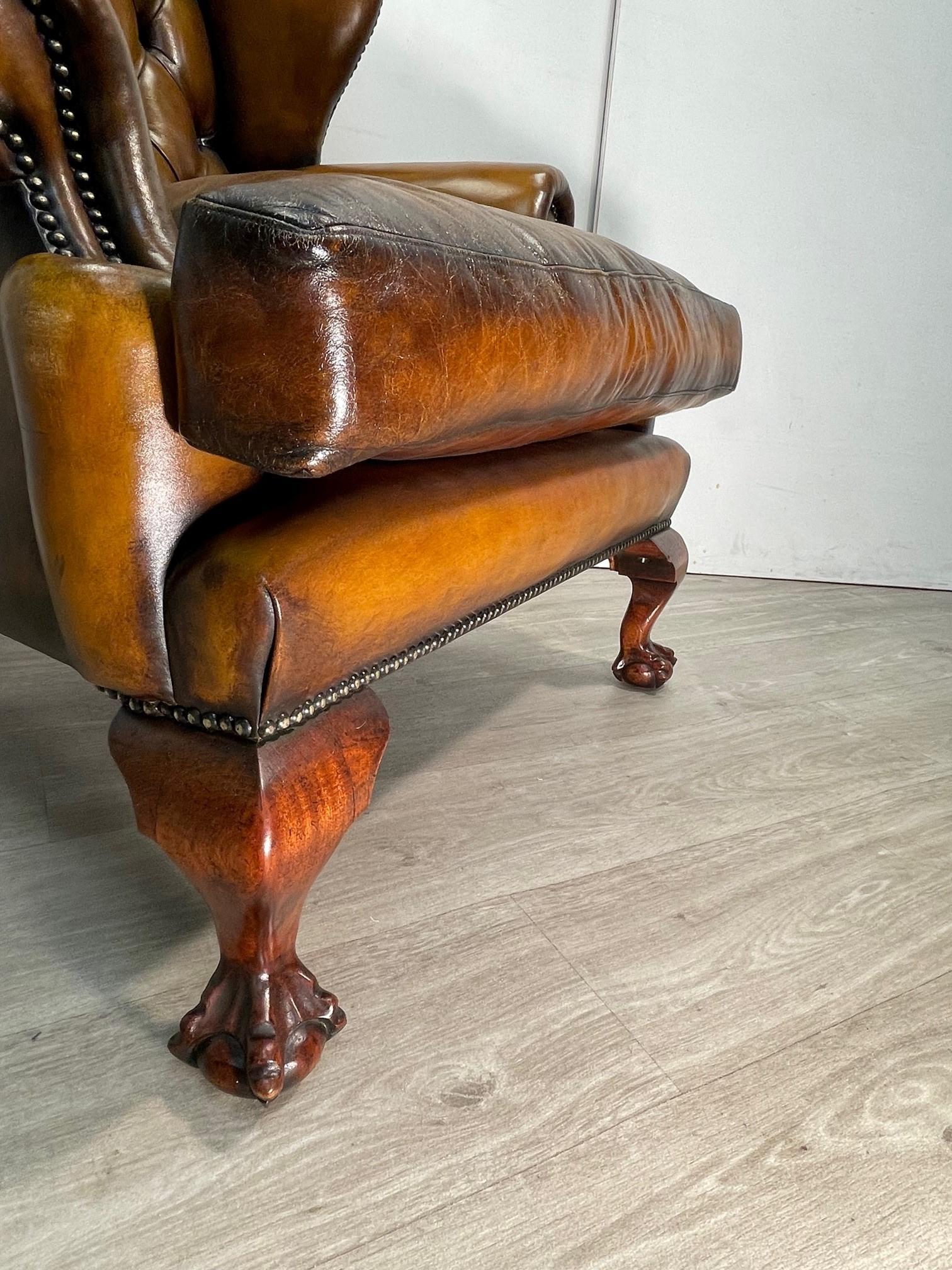 Claw & Ball Hand Dyed Brown leather Chesterfield wingback armchair and footstool 4