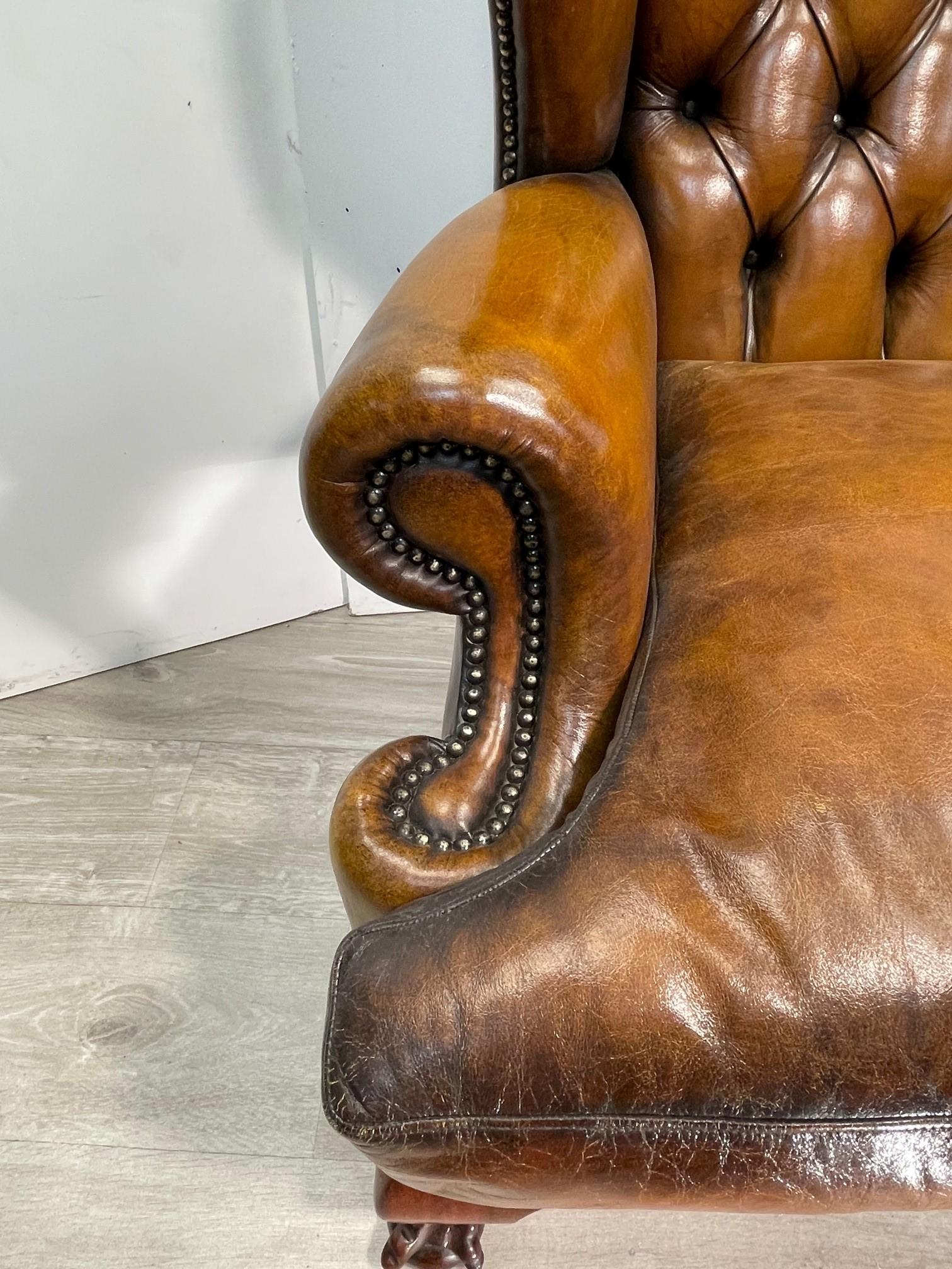 Claw & Ball Hand Dyed Brown leather Chesterfield wingback armchair and footstool 4