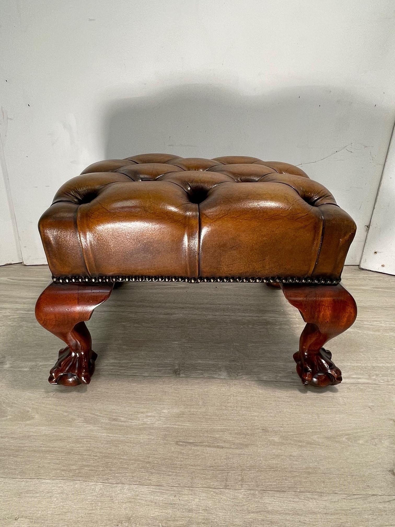 Claw & Ball Hand Dyed Brown leather Chesterfield wingback armchair and footstool 6