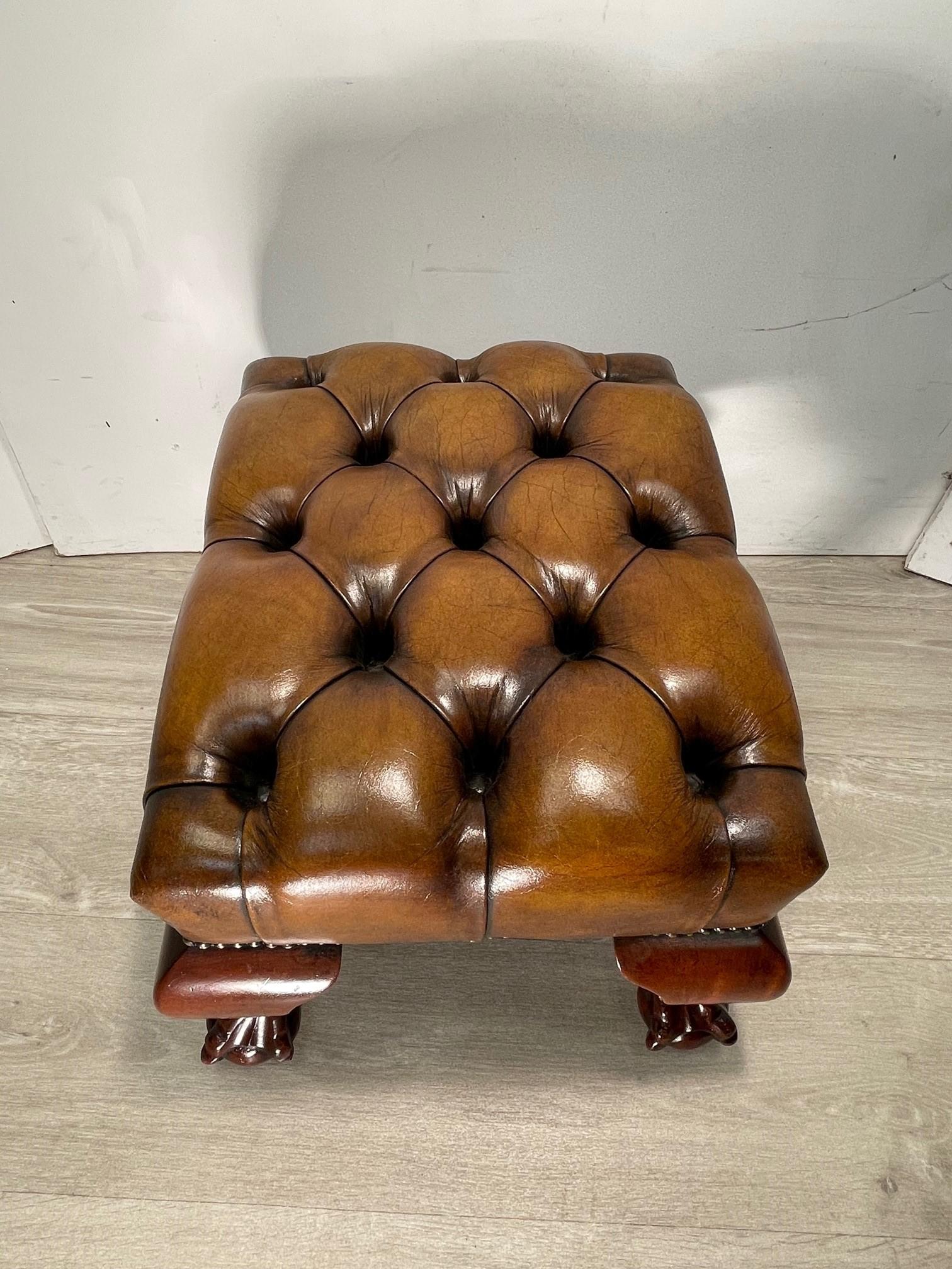Claw & Ball Hand Dyed Brown leather Chesterfield wingback armchair and footstool 8