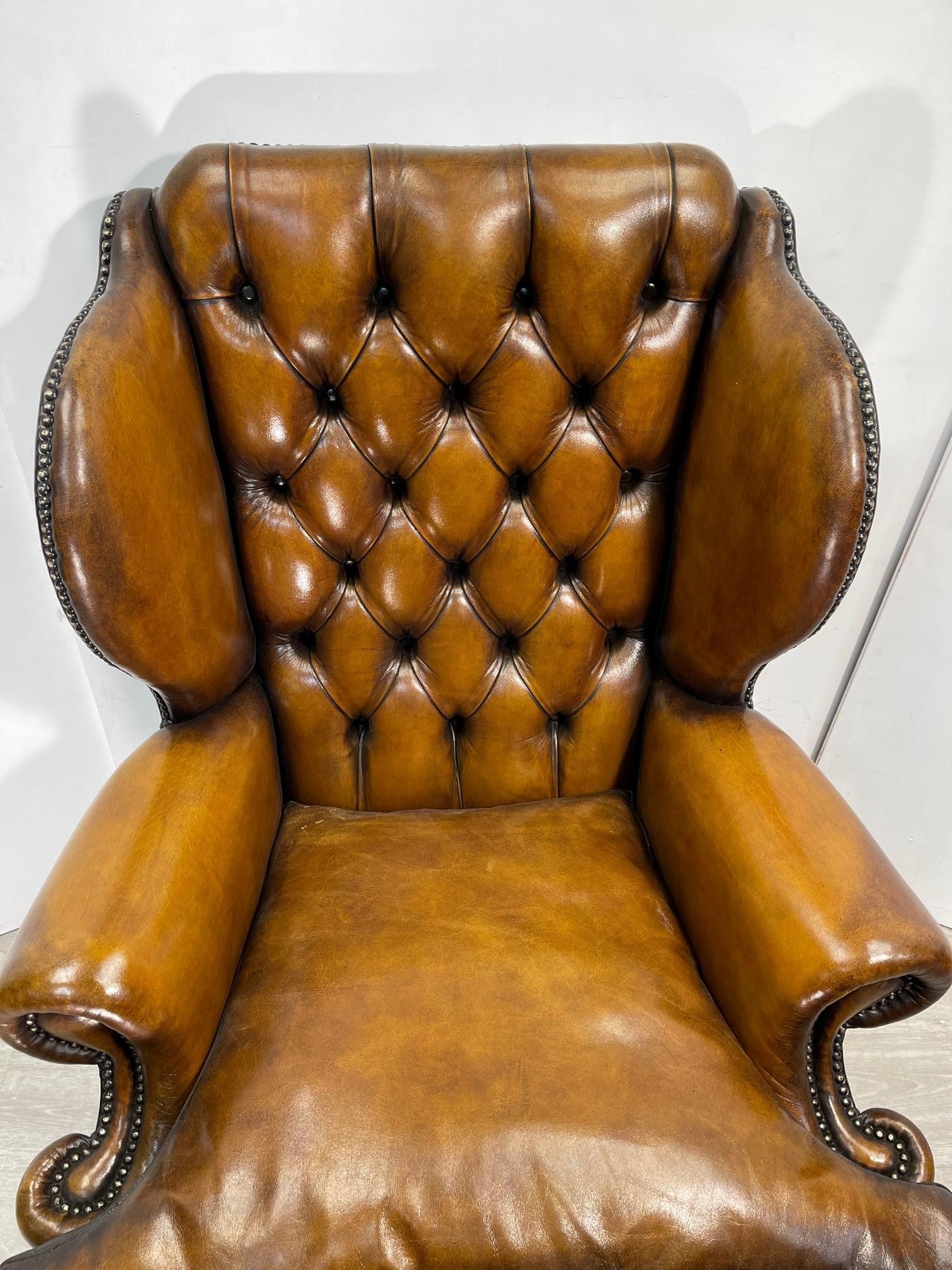 English Claw & Ball Hand Dyed Brown leather Chesterfield wingback armchair and footstool