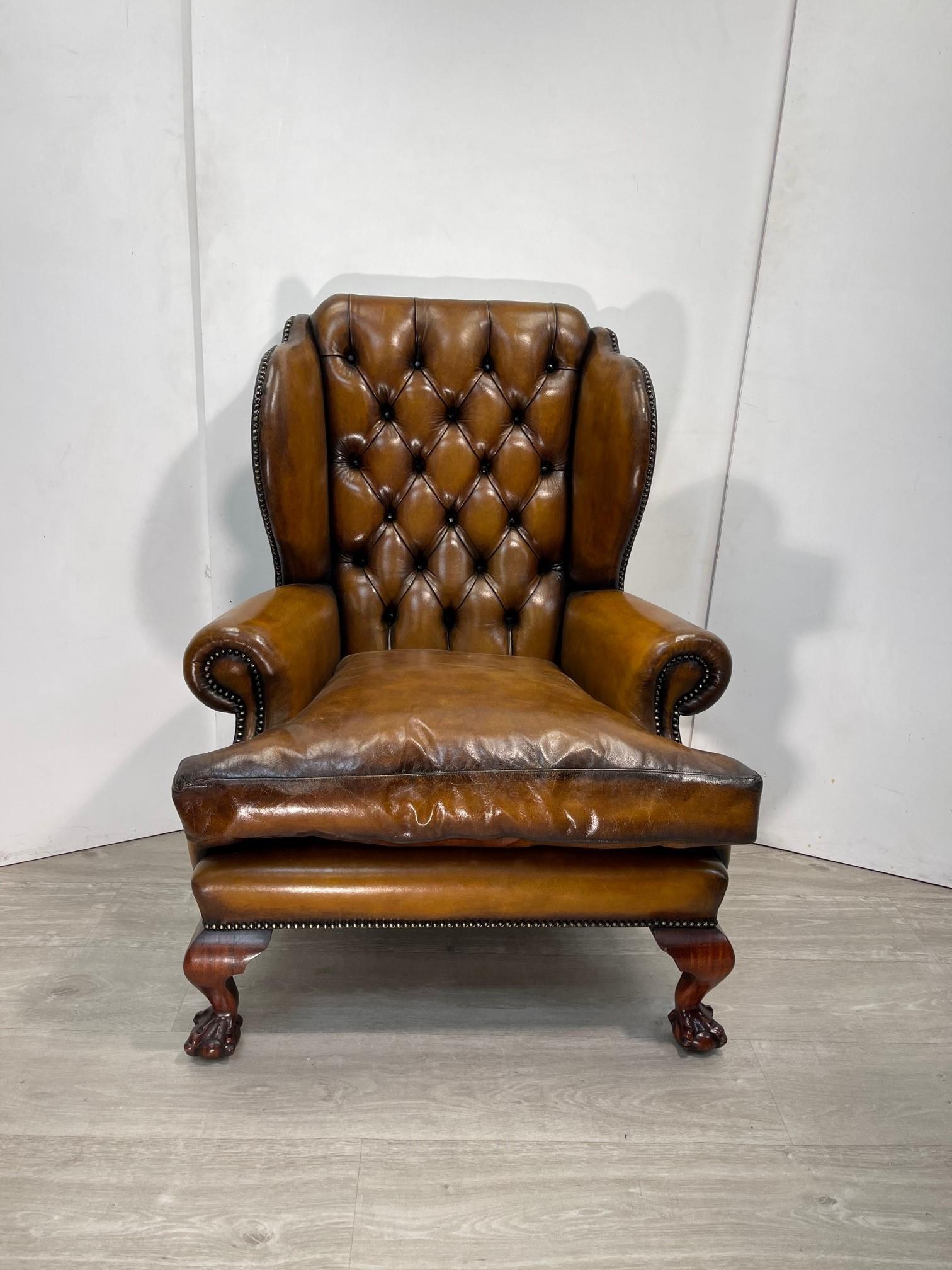 Hand-Crafted Claw & Ball Hand Dyed Brown leather Chesterfield wingback armchair and footstool