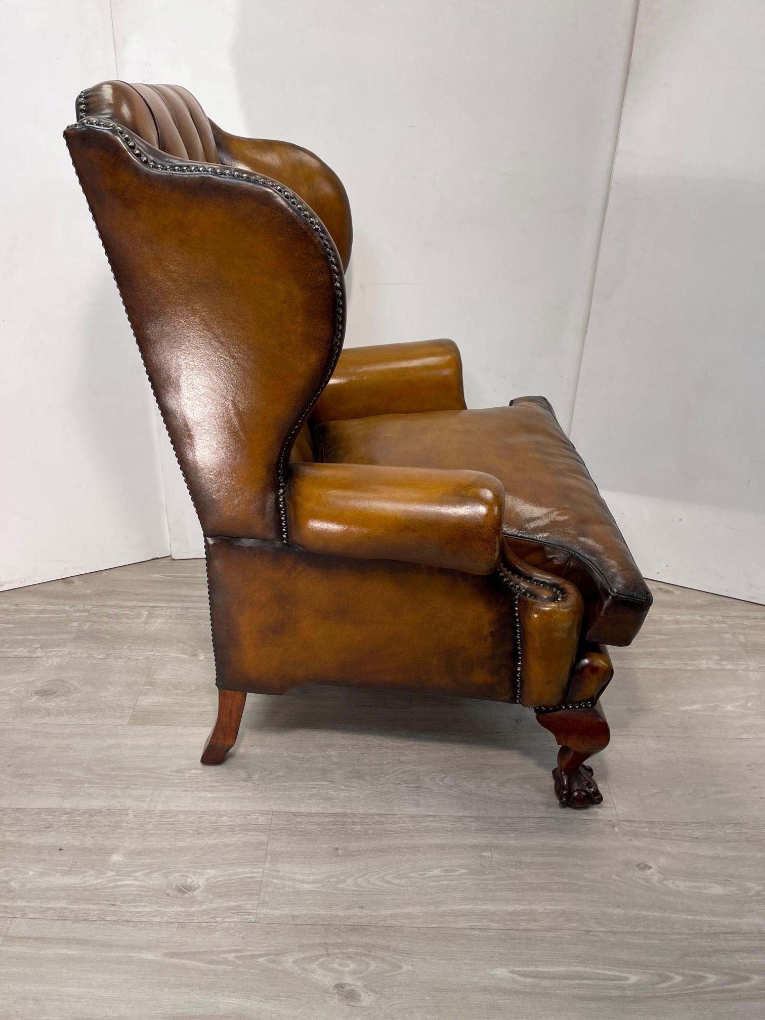 Claw & Ball Hand Dyed Brown leather Chesterfield wingback armchair and footstool In Good Condition In West Sussex, Pulborough
