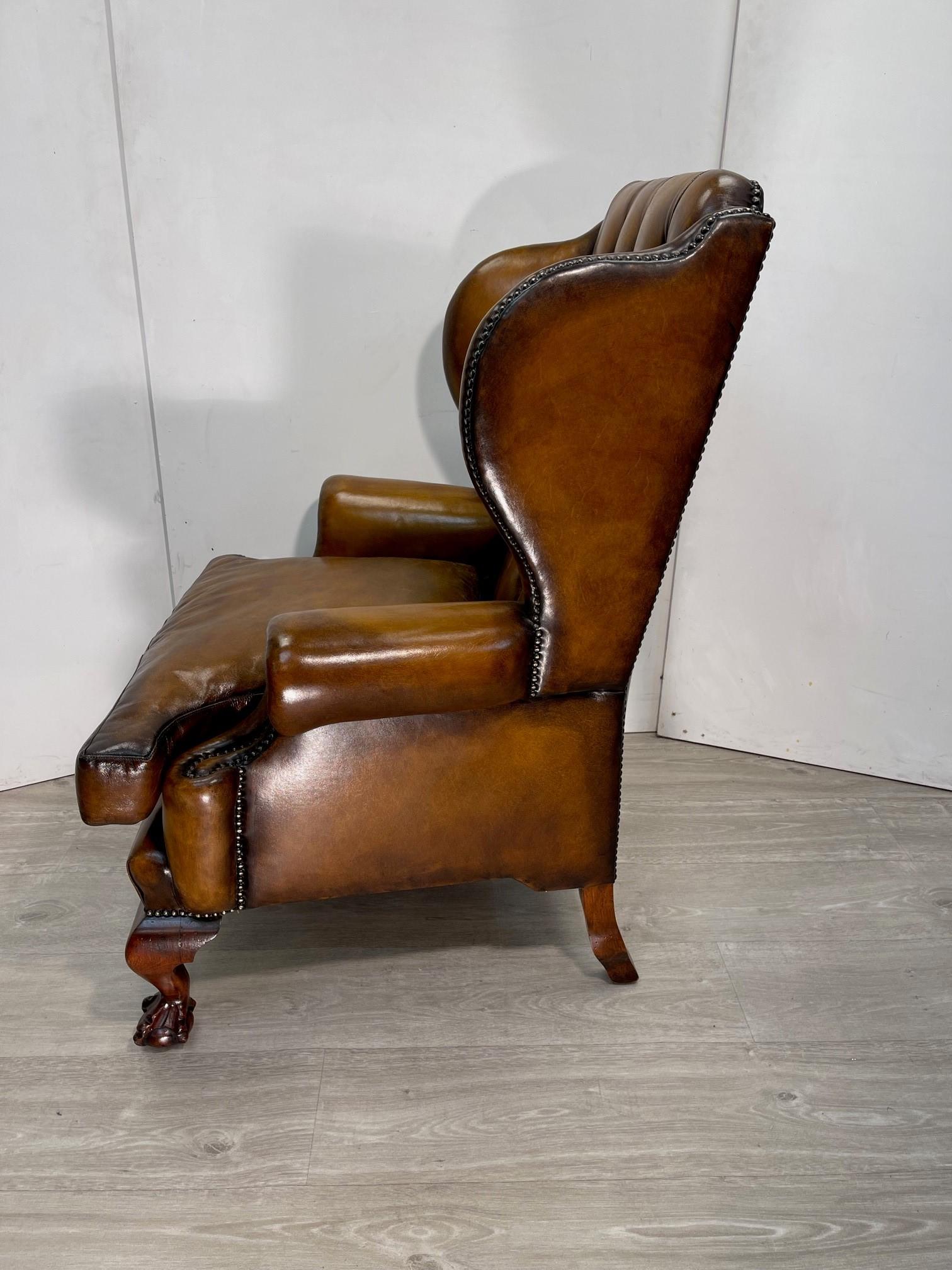 Leather Claw & Ball Hand Dyed Brown leather Chesterfield wingback armchair and footstool