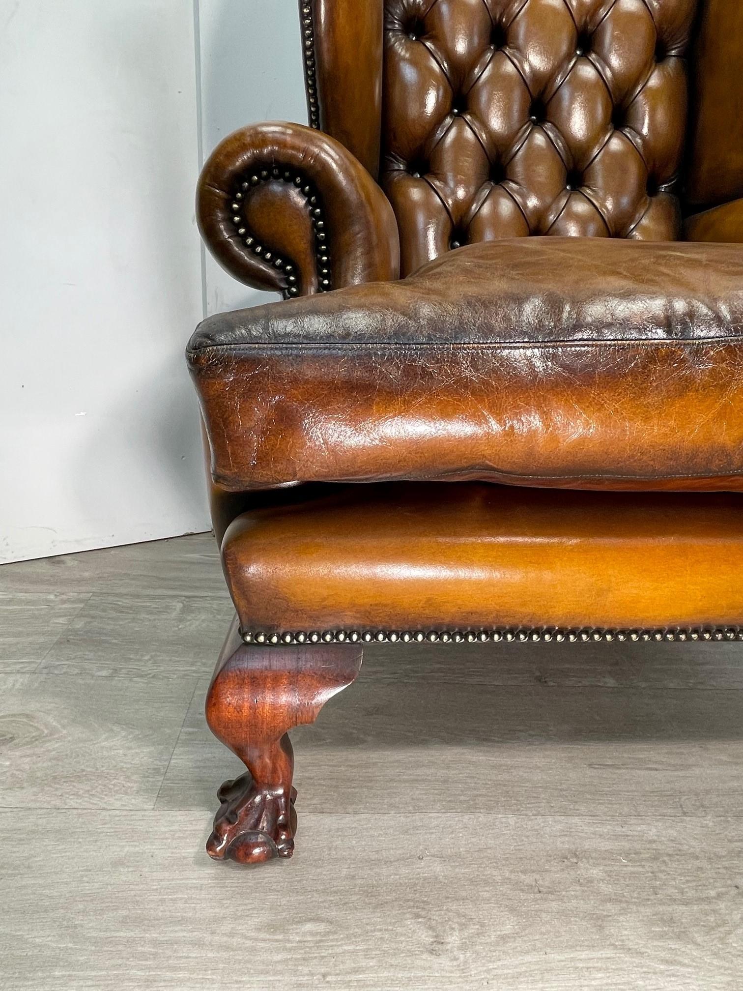 Claw & Ball Hand Dyed Brown leather Chesterfield wingback armchair and footstool 2