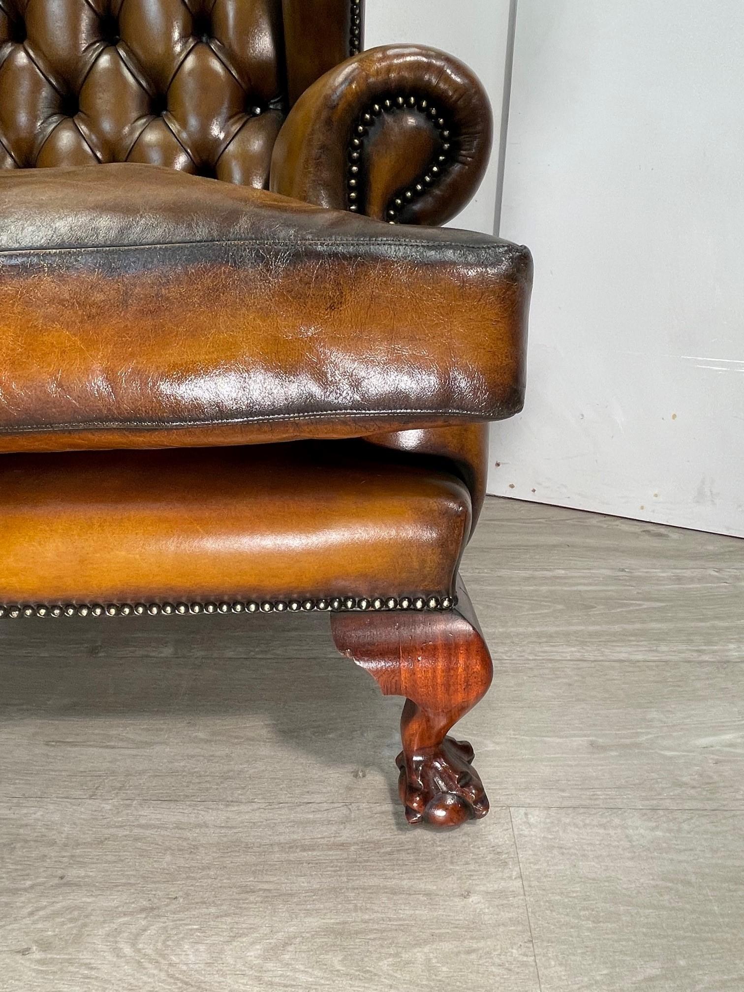 Claw & Ball Hand Dyed Brown leather Chesterfield wingback armchair and footstool 3