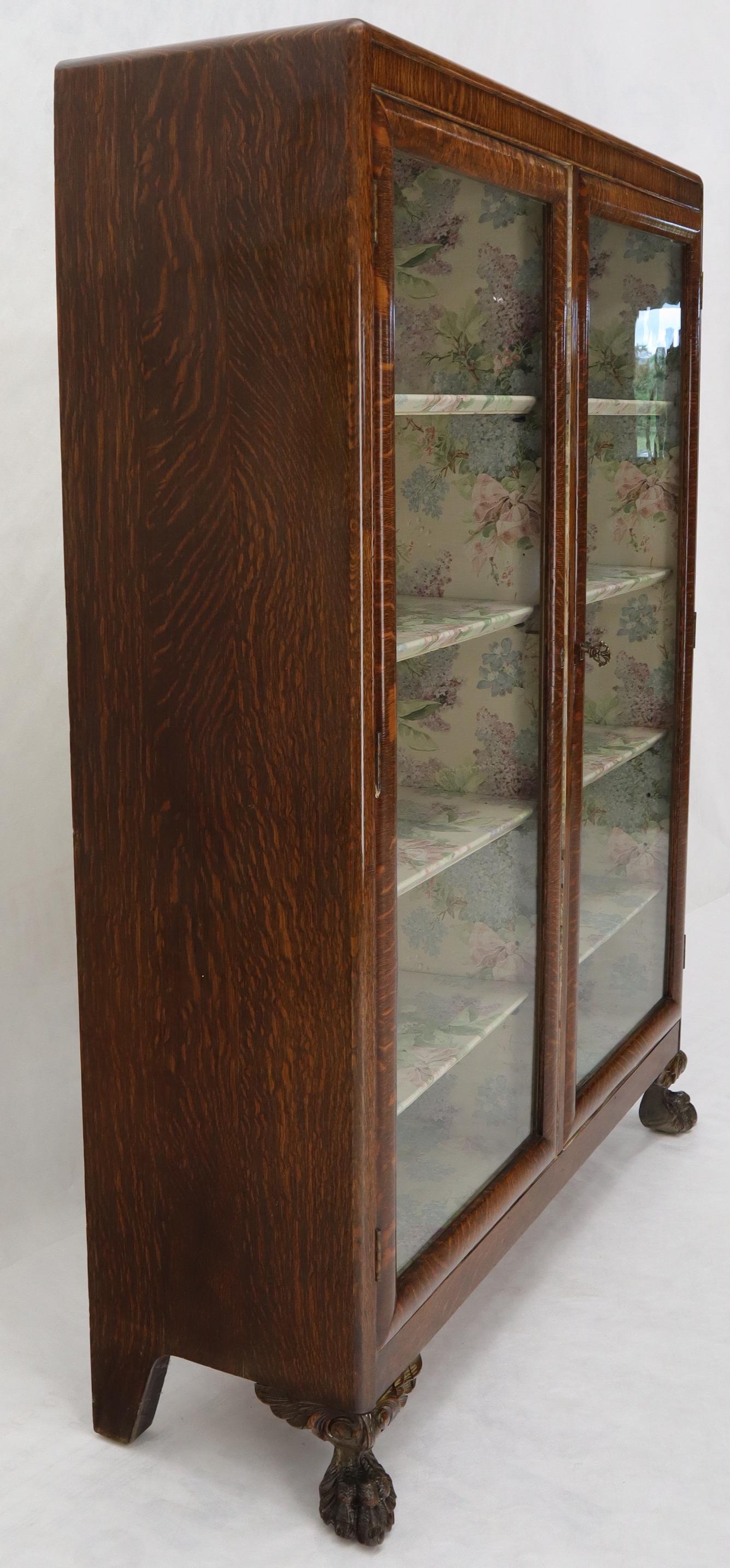 Claw Feet Tiger Oak Double Door Bookcase Curio Cabinet Wallpaper Interior For Sale 4