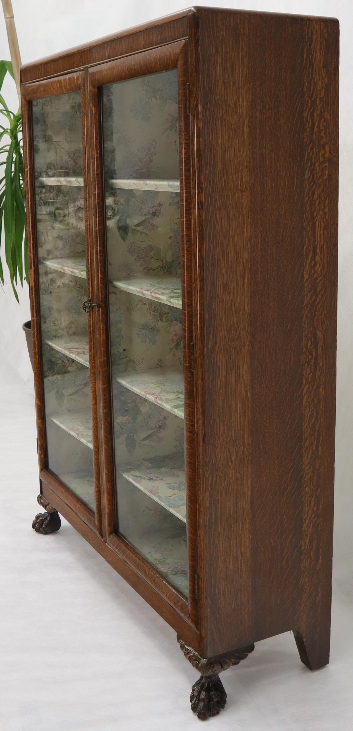 Claw Feet Tiger Oak Double Door Bookcase Curio Cabinet Wallpaper Interior For Sale 5