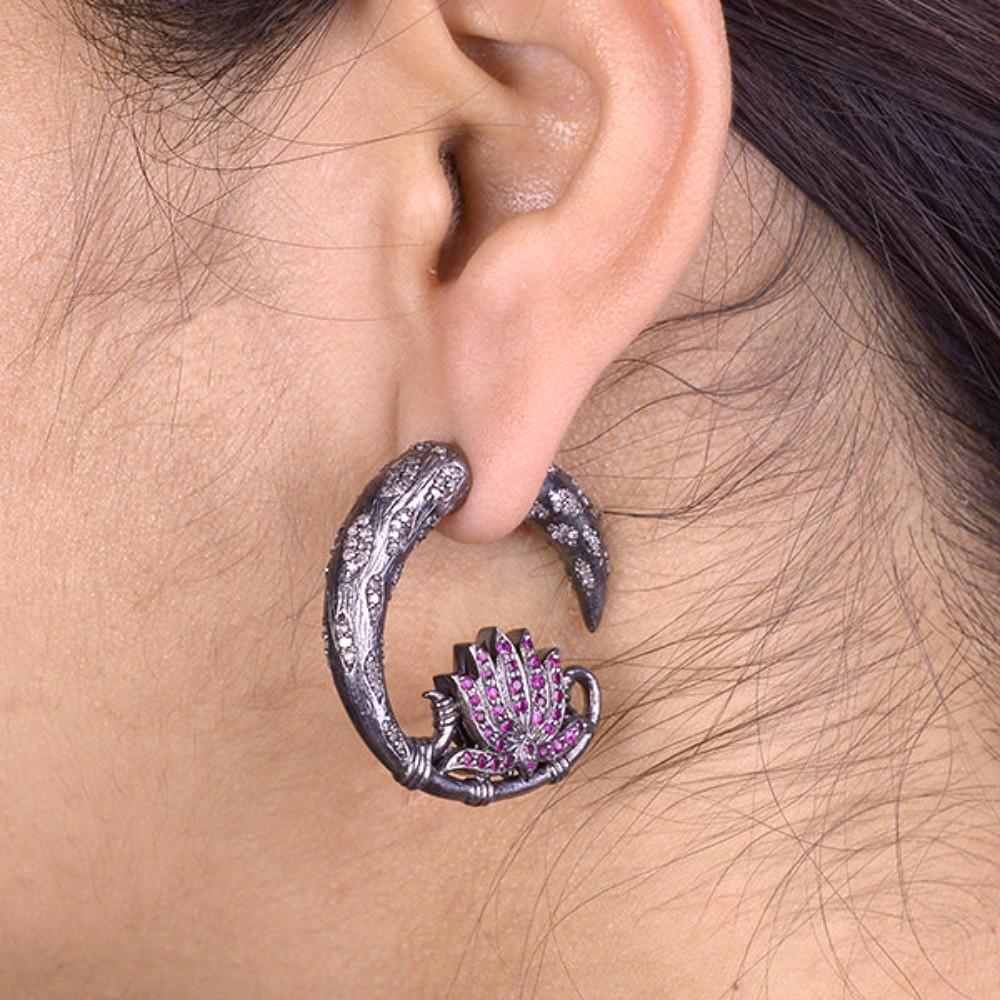 Art Nouveau Claw & Flower Shaped Tunnel Earring With Ruby & Diamonds In 18k Gold & Silver For Sale