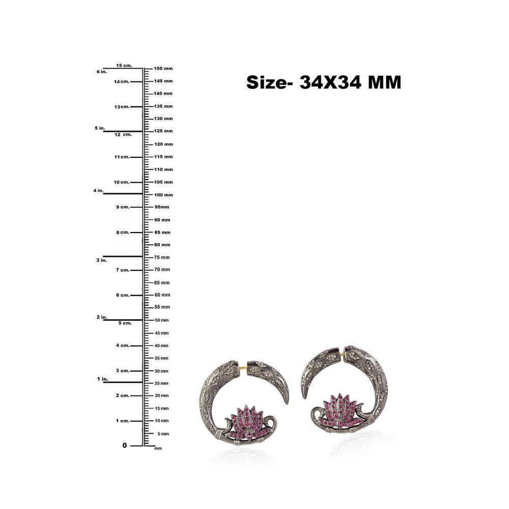 Mixed Cut Claw & Flower Shaped Tunnel Earring With Ruby & Diamonds In 18k Gold & Silver For Sale