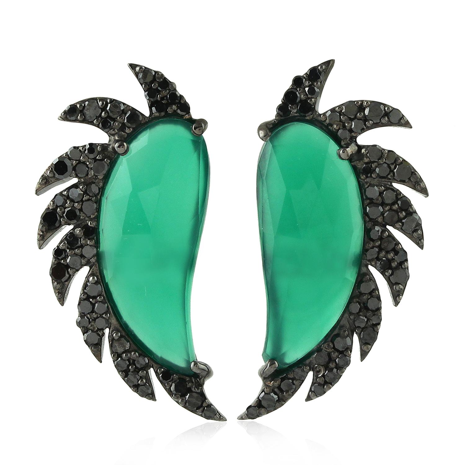 Rose Cut Meghna Jewels Claw Half Moon Green Onyx Black Diamonds Stud Earrings For Sale