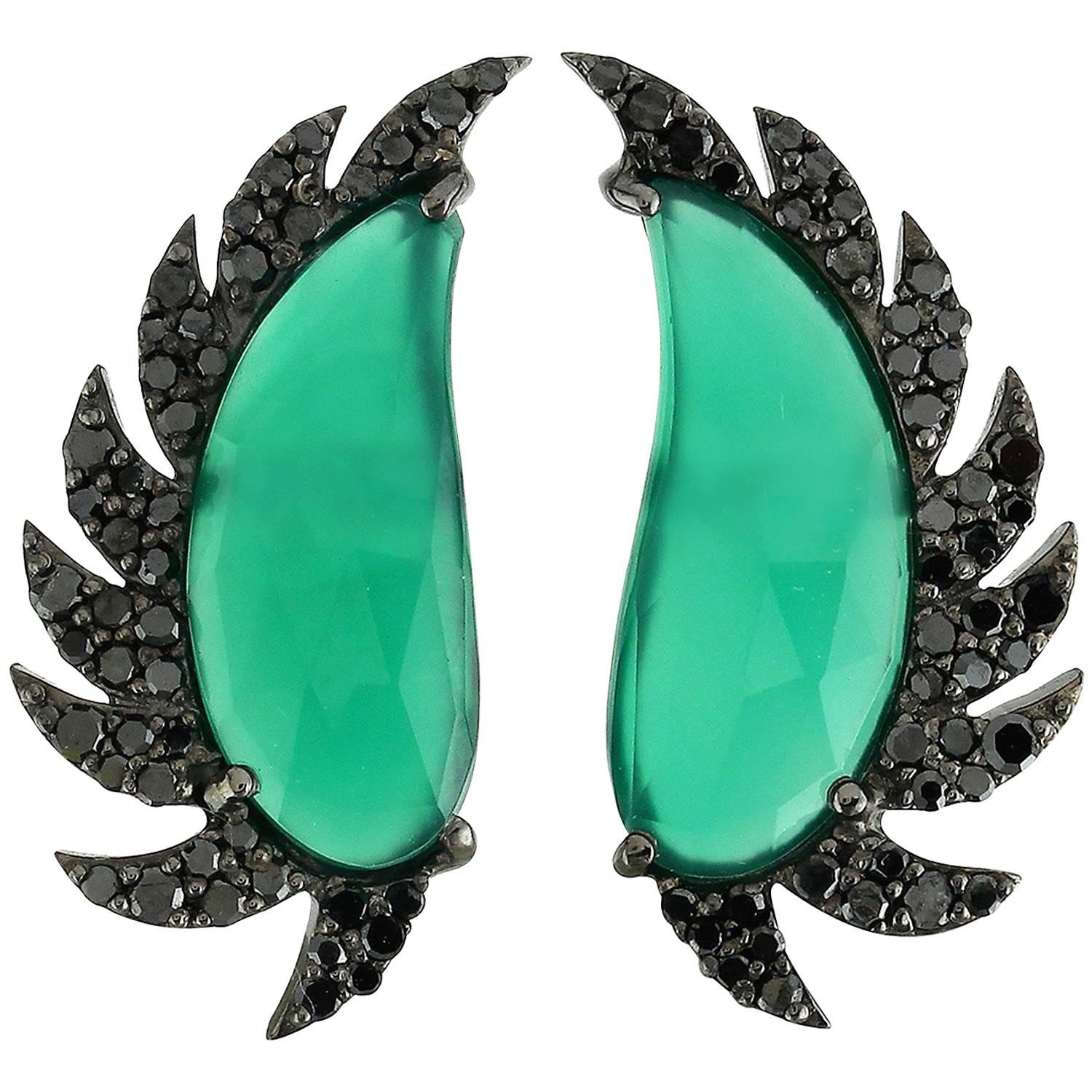 Meghna Jewels Claw Half Moon Green Onyx Black Diamonds Stud Earrings For Sale