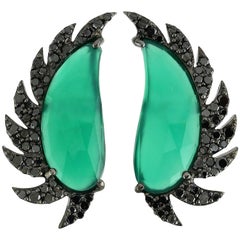 Meghna Jewels Claw Half Moon Green Onyx Black Diamonds Stud Earrings