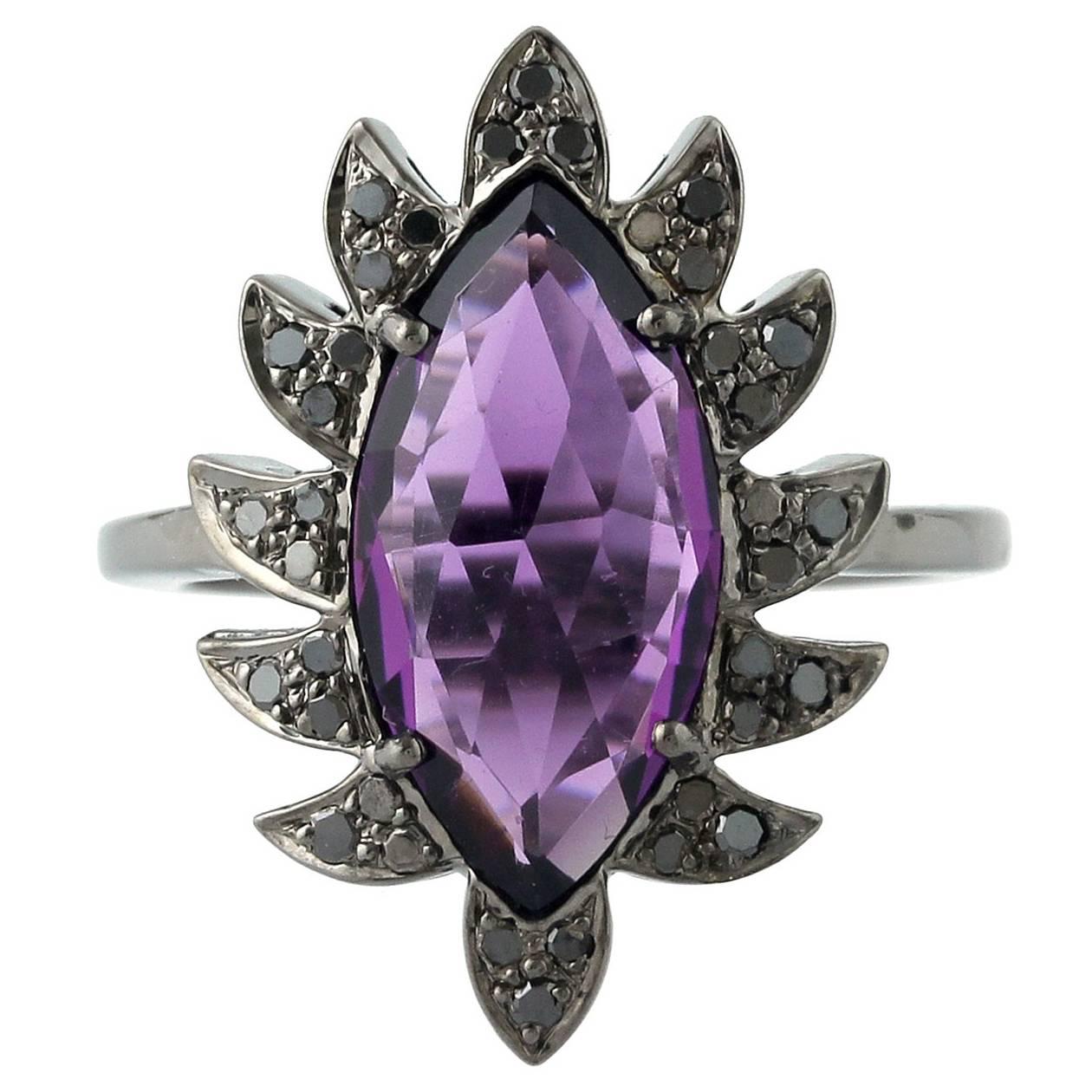 Marquise Amethyst Black Diamonds Cocktail Ring For Sale