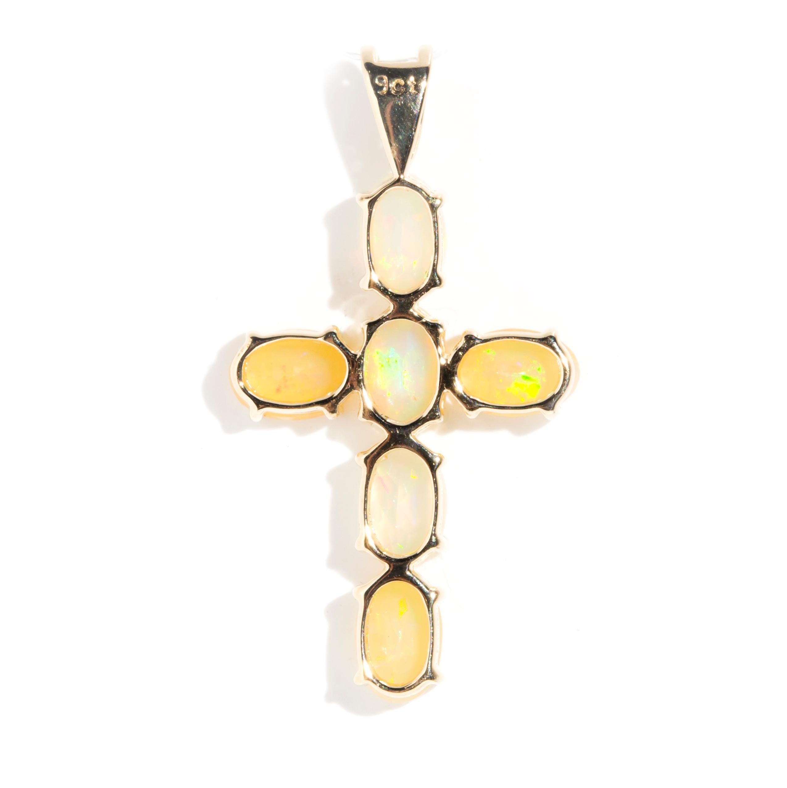 Modern Claw Set Ethiopian Crystal Opal Vintage Cross Pendant in 9 Carat Yellow Gold