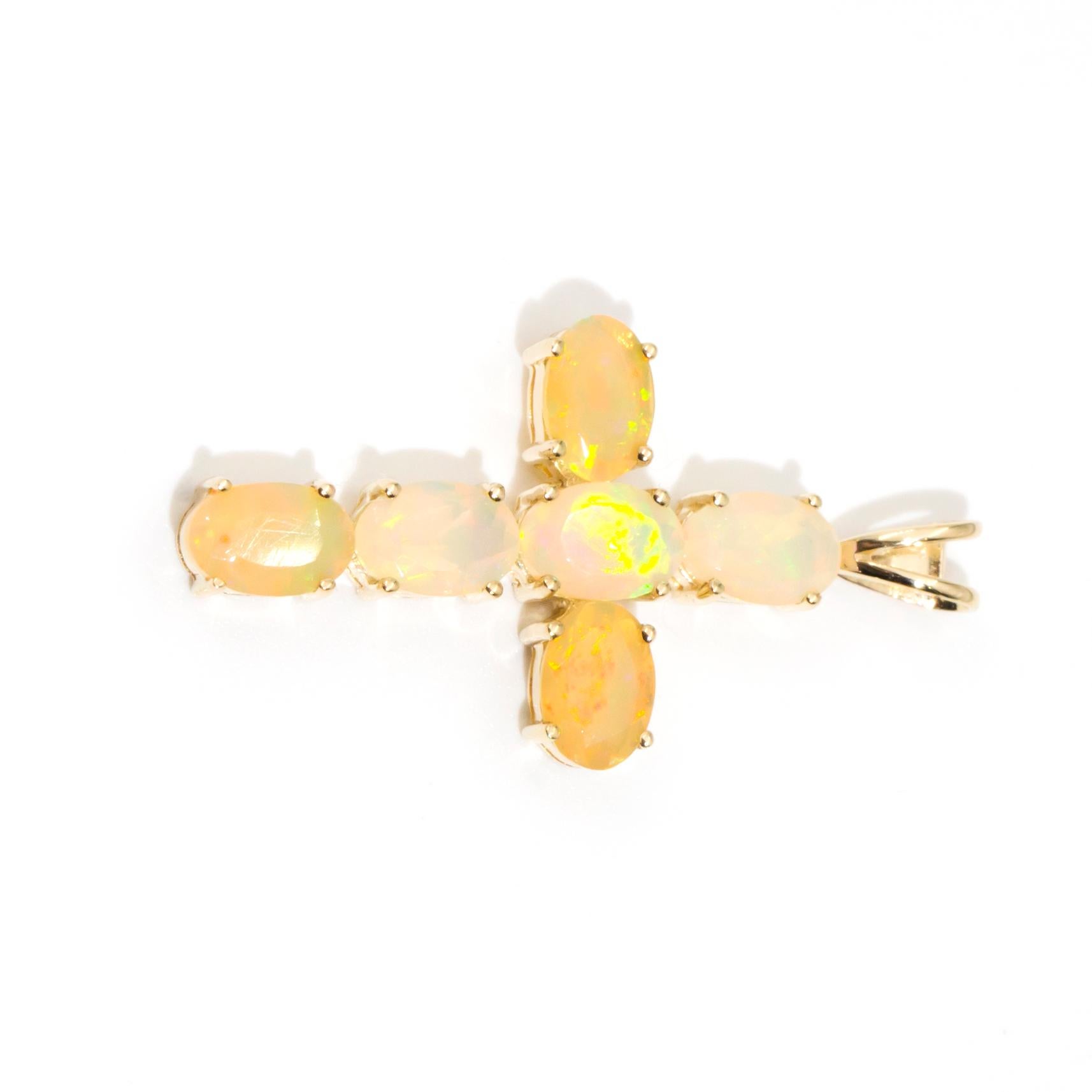 Women's or Men's Claw Set Ethiopian Crystal Opal Vintage Cross Pendant in 9 Carat Yellow Gold