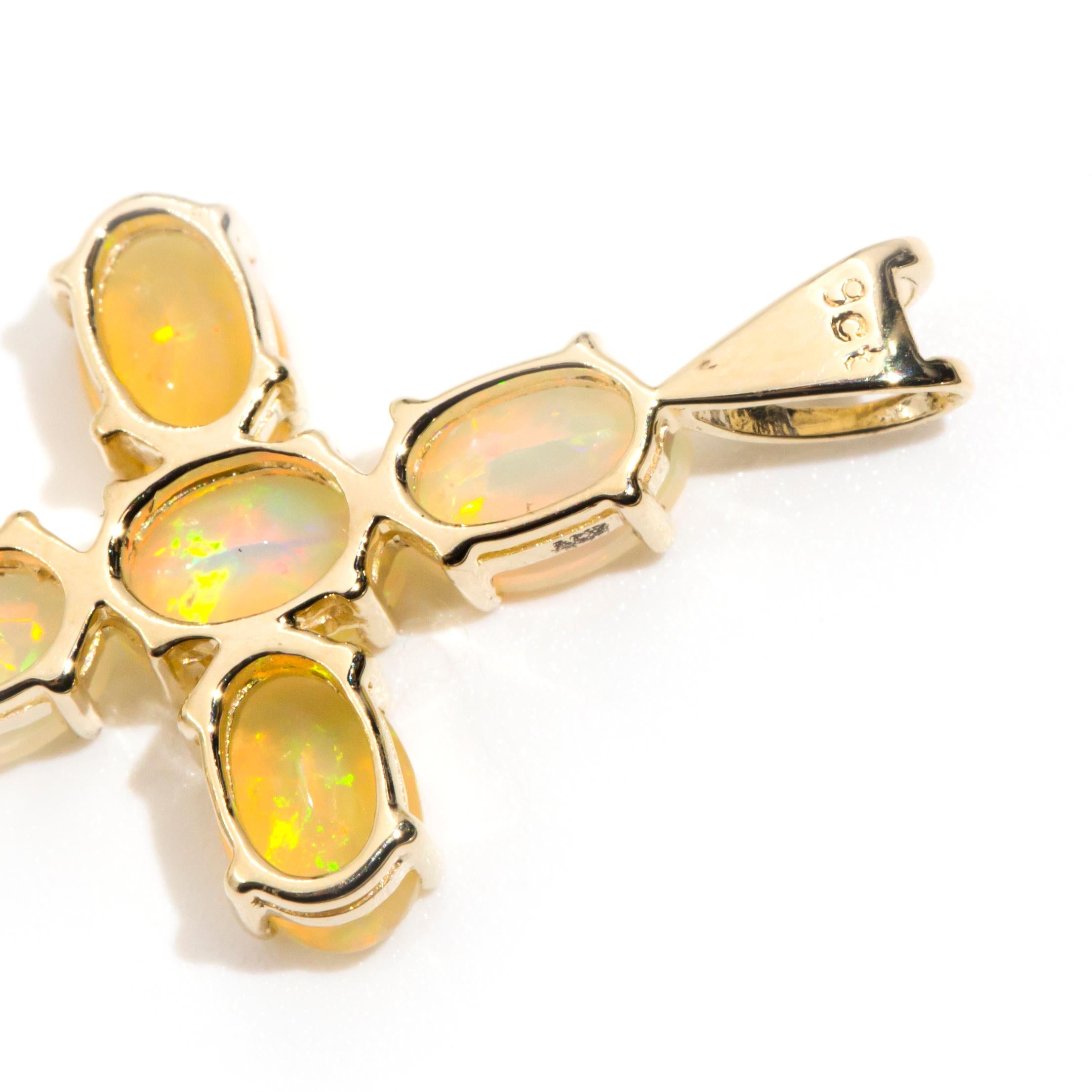 Claw Set Ethiopian Crystal Opal Vintage Cross Pendant in 9 Carat Yellow Gold 3