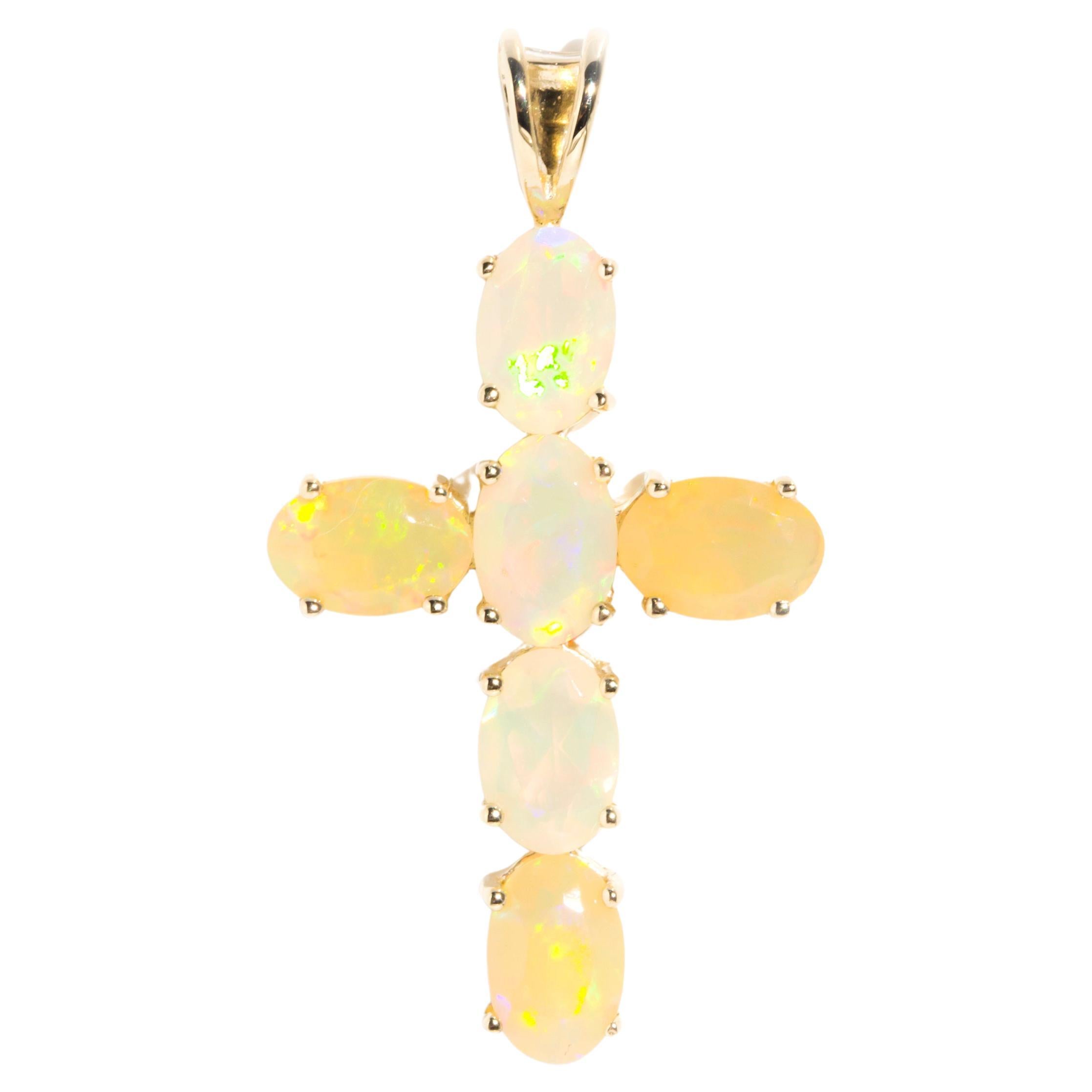 Claw Set Ethiopian Crystal Opal Vintage Cross Pendant in 9 Carat Yellow Gold
