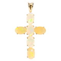 Claw Set Ethiopian Crystal Opal Vintage Cross Pendant in 9 Carat Yellow Gold