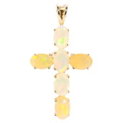 Claw Set Ethiopian Crystal Opal Vintage Cross Pendant in 9 Carat Yellow Gold