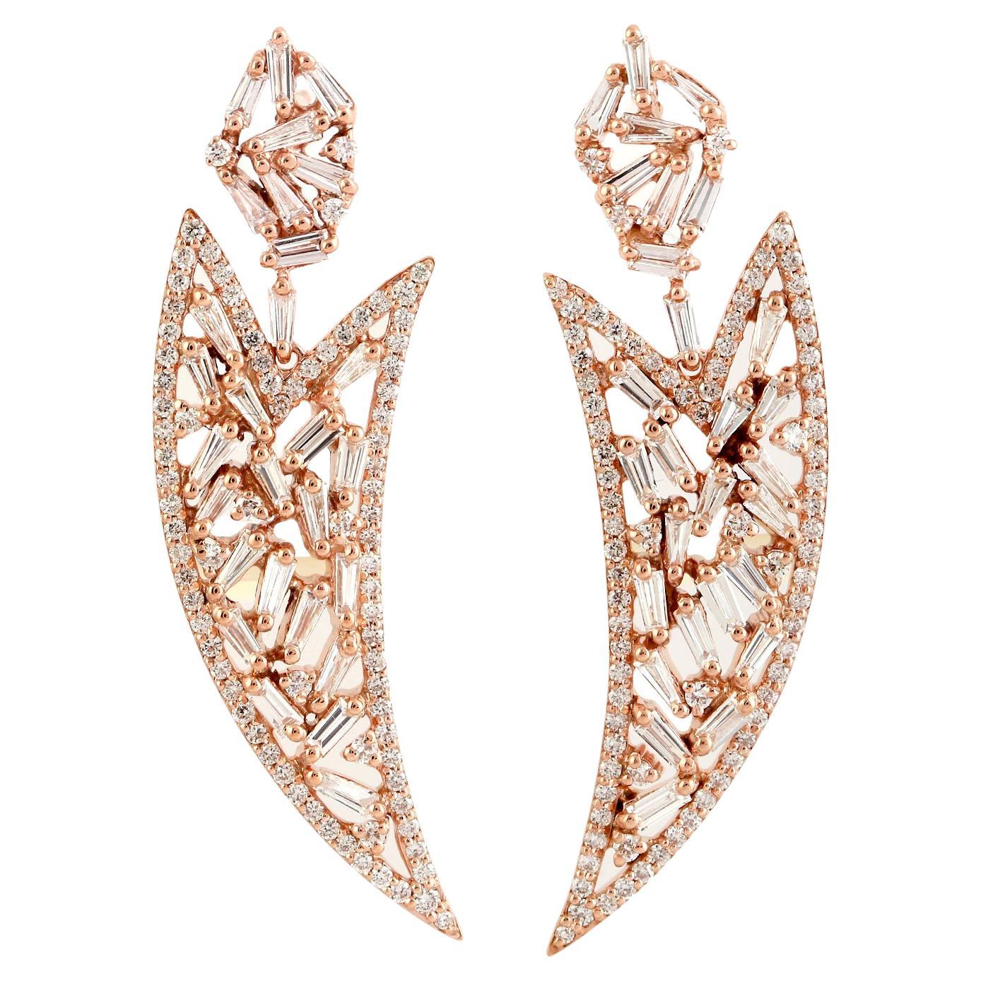 Claw Shaped Dangle Earrings With Baguette Diamonds Made In 18k Rose Gold For Sale