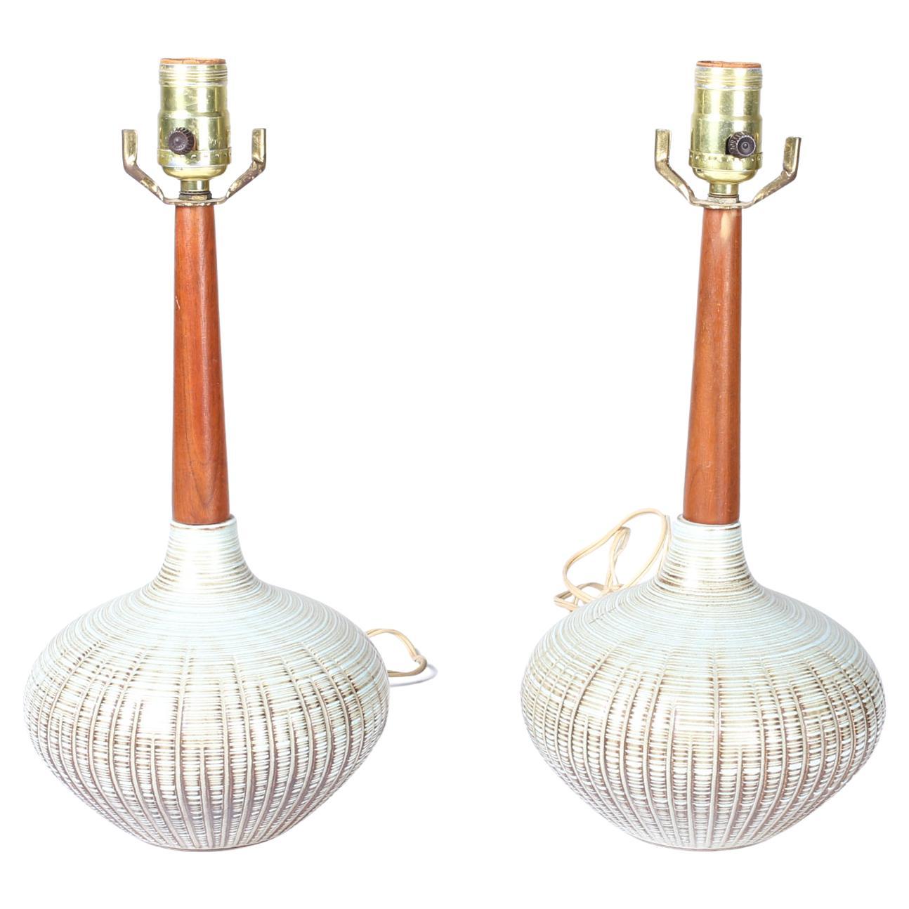 Clay and Walnut Table Lamps, Pair For Sale