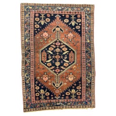 Clay & Blue Hues Vintage Persian Zanjan Rug, c. 1940's