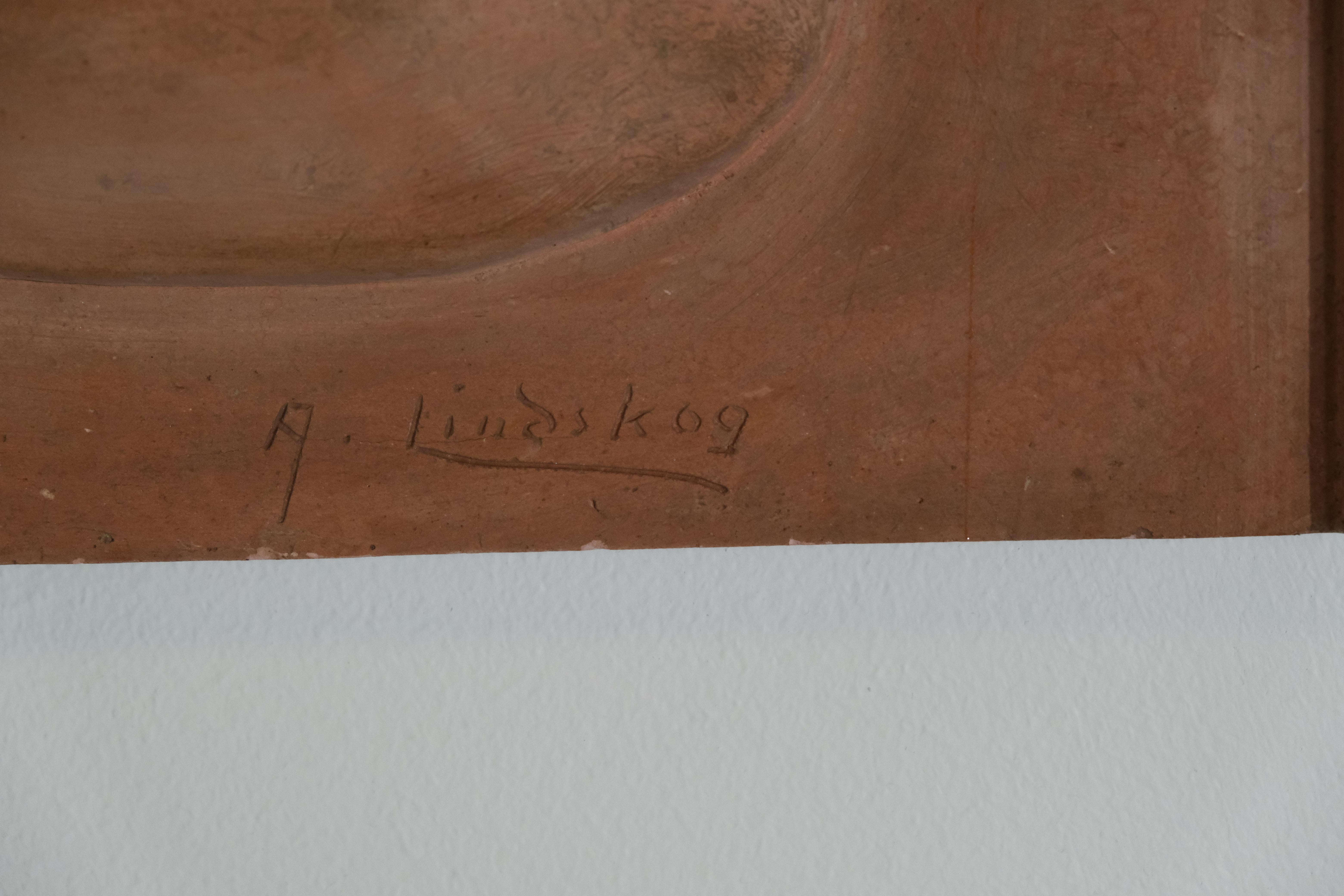 Swedish Clay-Casted Wallhanging Relief Signed A. Lindskog and Dated 1954 For Sale