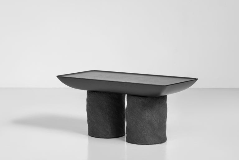Clay contemporary coffee table by FAINA
Design: Victoriya Yakusha
Material: clay, wood (ash)
Dimensions: 65 x 32 x H 30 cm

Made in the style of ethnic minimalism, the collection items introduce “naive design”- simple in form, yet with a deep
