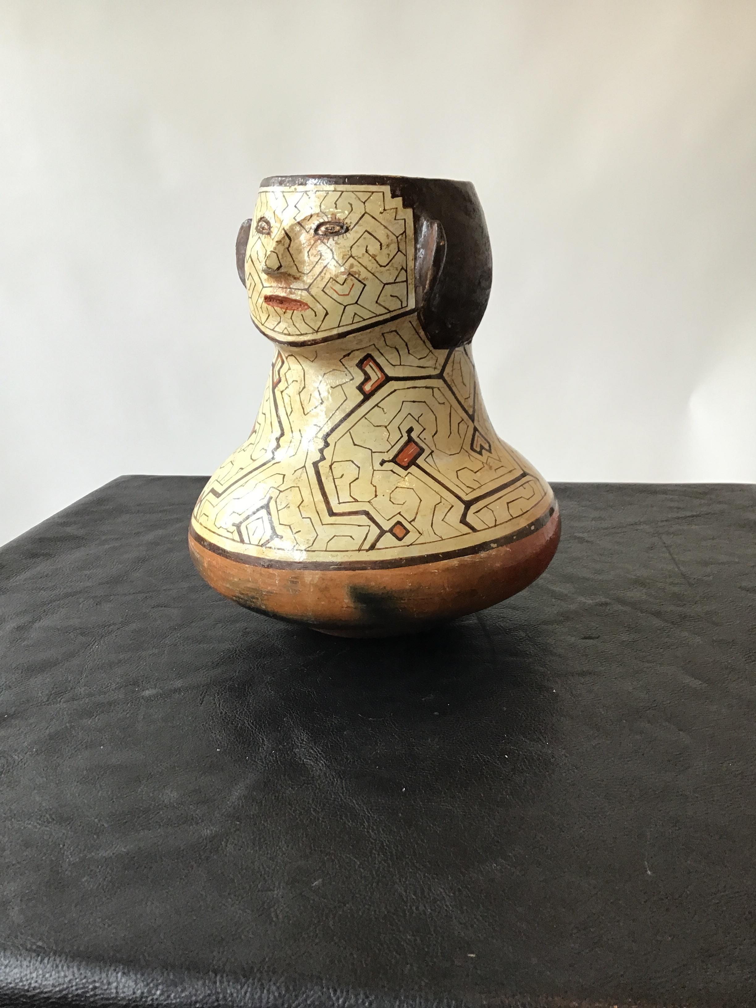 Shipibo Peruvian Clay Face Vase In Good Condition For Sale In Tarrytown, NY