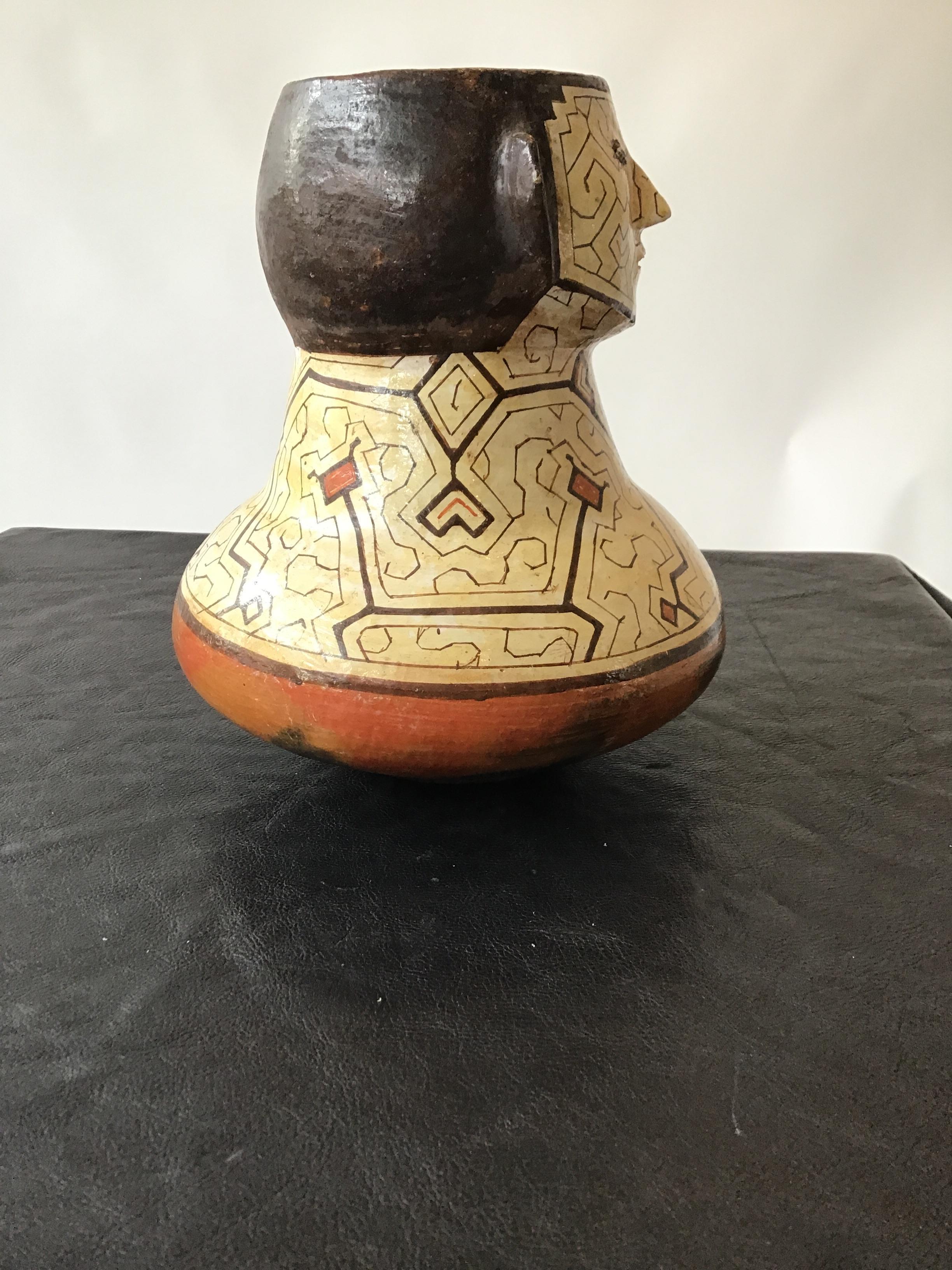 Shipibo Peruvian Clay Face Vase For Sale 2