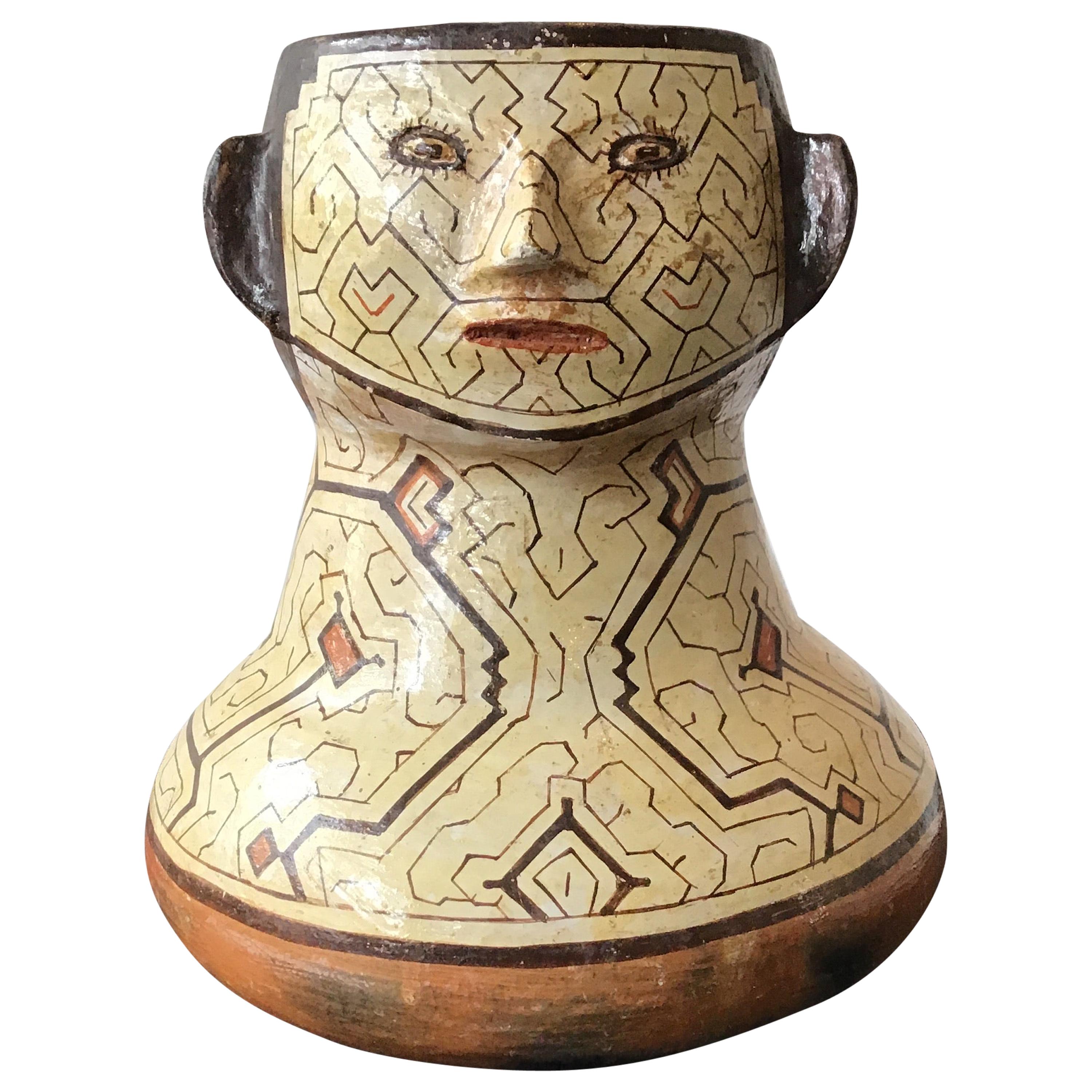 Shipibo Peruvian Clay Face Vase For Sale