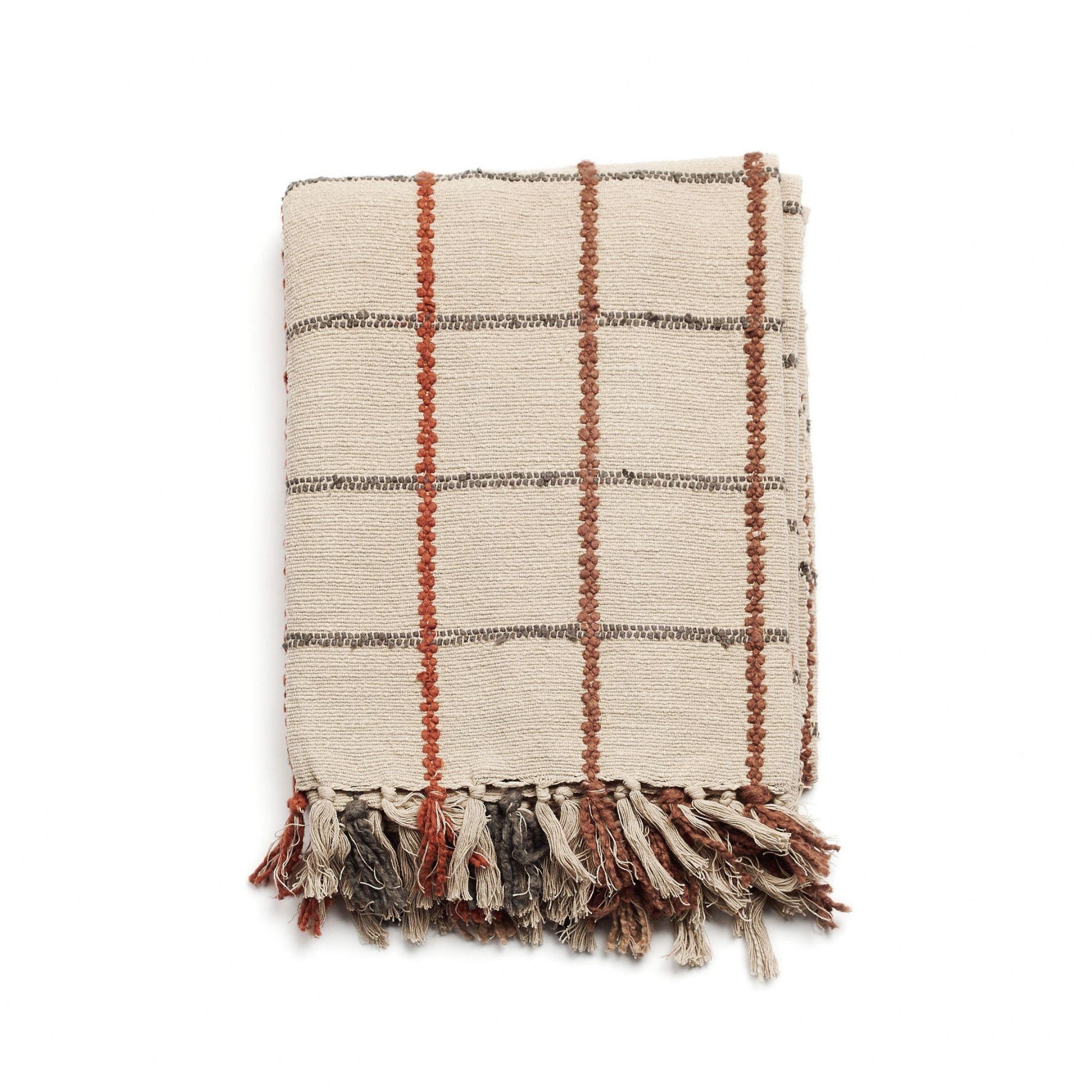Tissé à la main Clay Beige Brown Checks Pattern Handloom Modern Artisanal en vente