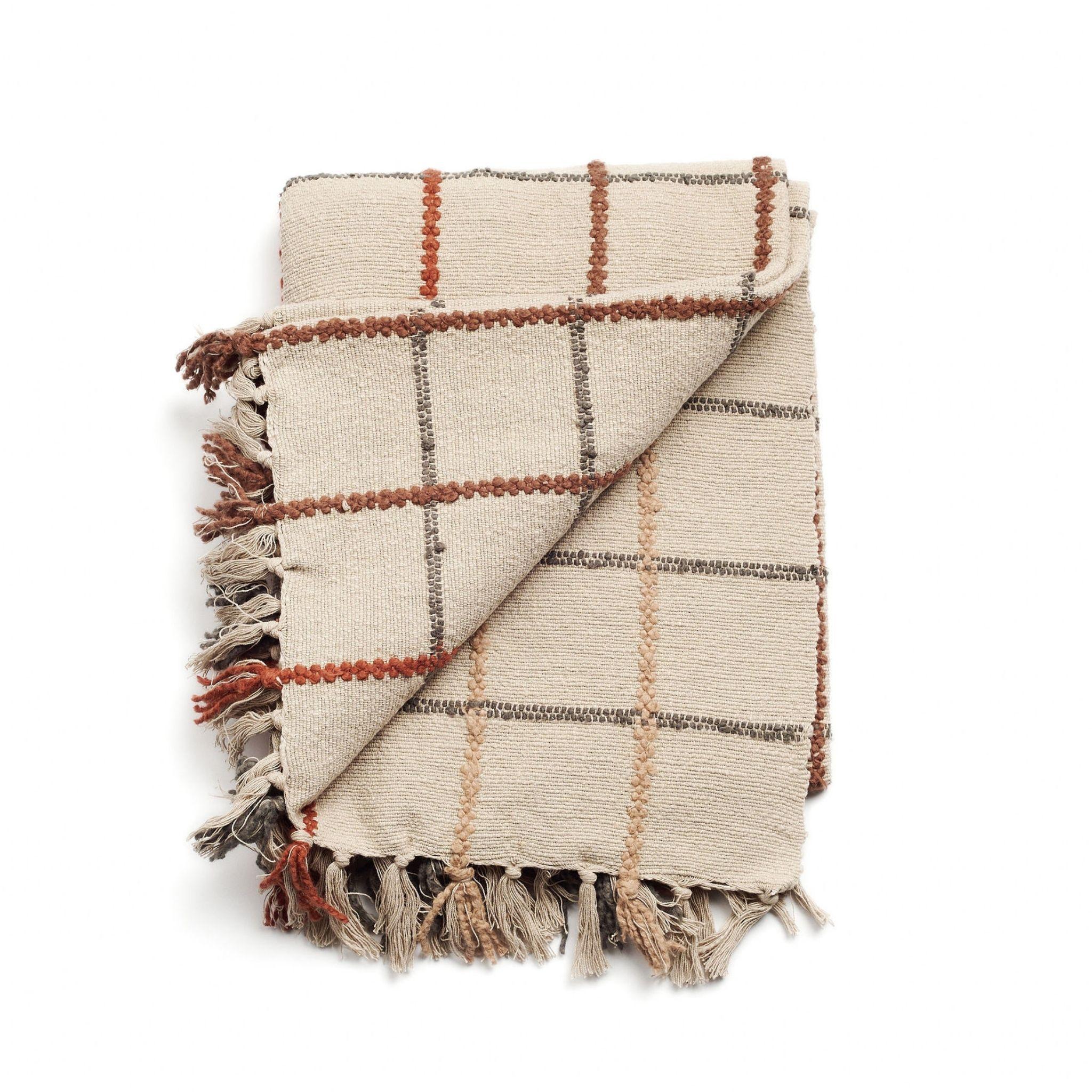 Hand-Woven Clay Handloom Checks Textured Weave Pure Cotton Weighted Throw / Bedspread For Sale