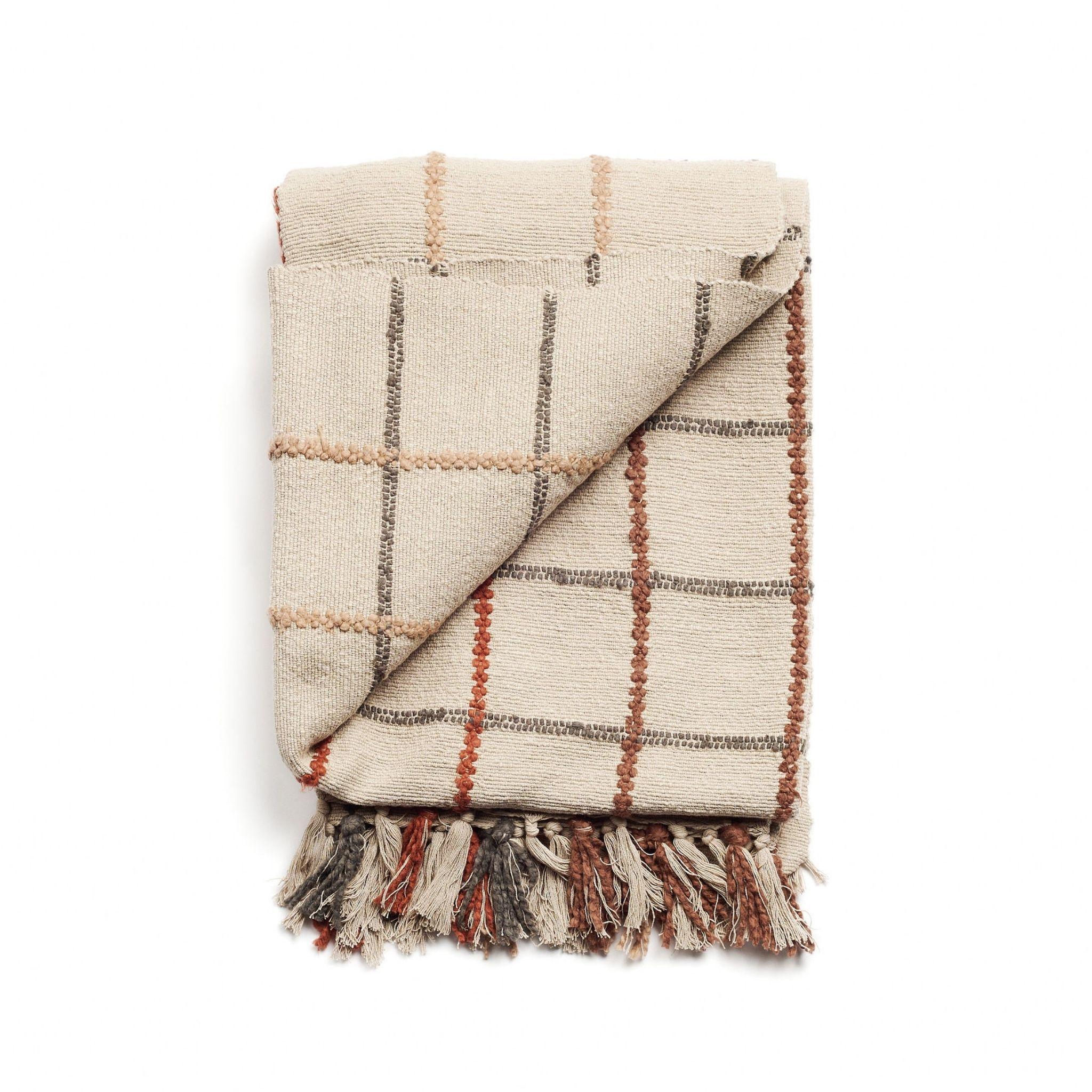 Coton Clay Beige Brown Checks Pattern Handloom Modern Artisanal en vente
