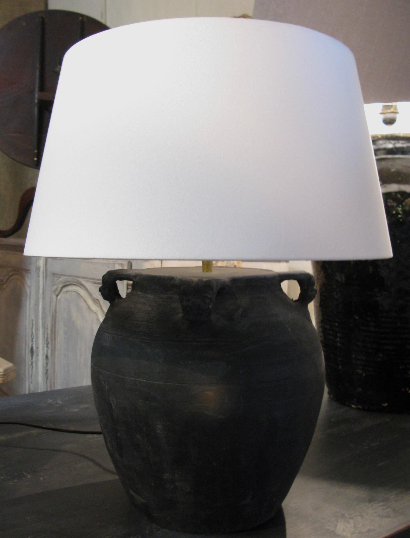 Central Asian Clay Pot, Lamp, Lamp with Linen Shade, Lamps, Pair of Lamps For Sale