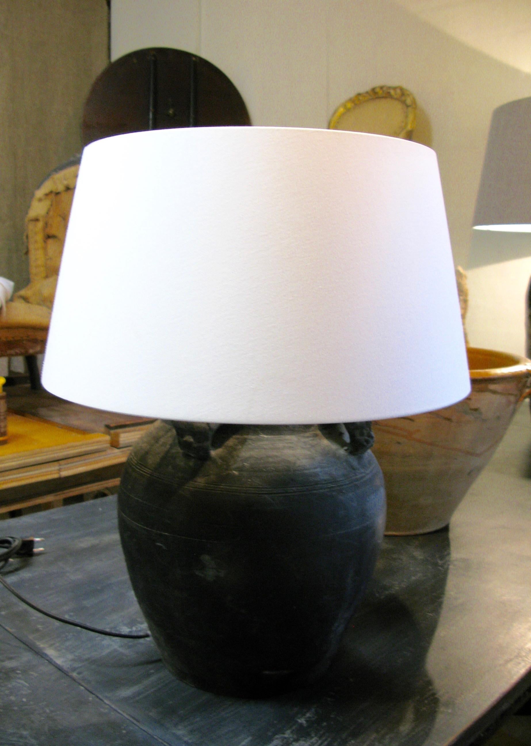 Blackened Clay Pot, Lamp, Lamp with Linen Shade, Lamps, Pair of Lamps For Sale
