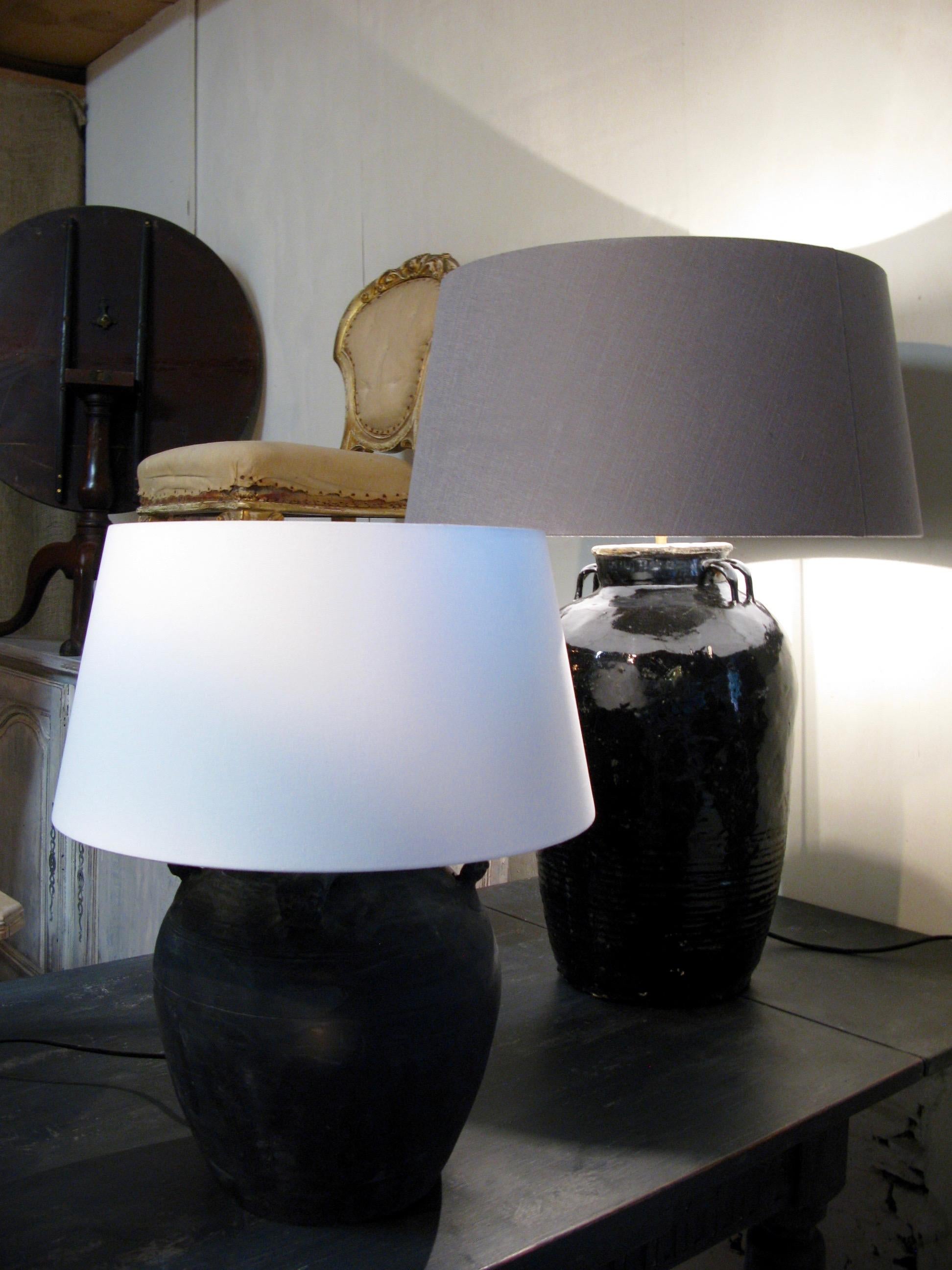 Clay Pot, Lamp, Lamp with Linen Shade, Lamps, Pair of Lamps In Good Condition For Sale In South Cotswolds, GB