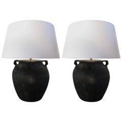 Clay Pot, Lamp, Lamp with Linen Shade, Lamps, Pair of Lamps