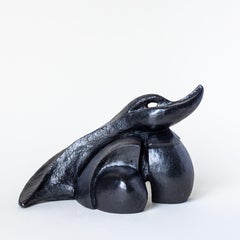 Clay Sculpture Abstract Swan, Black Graphite 1970s